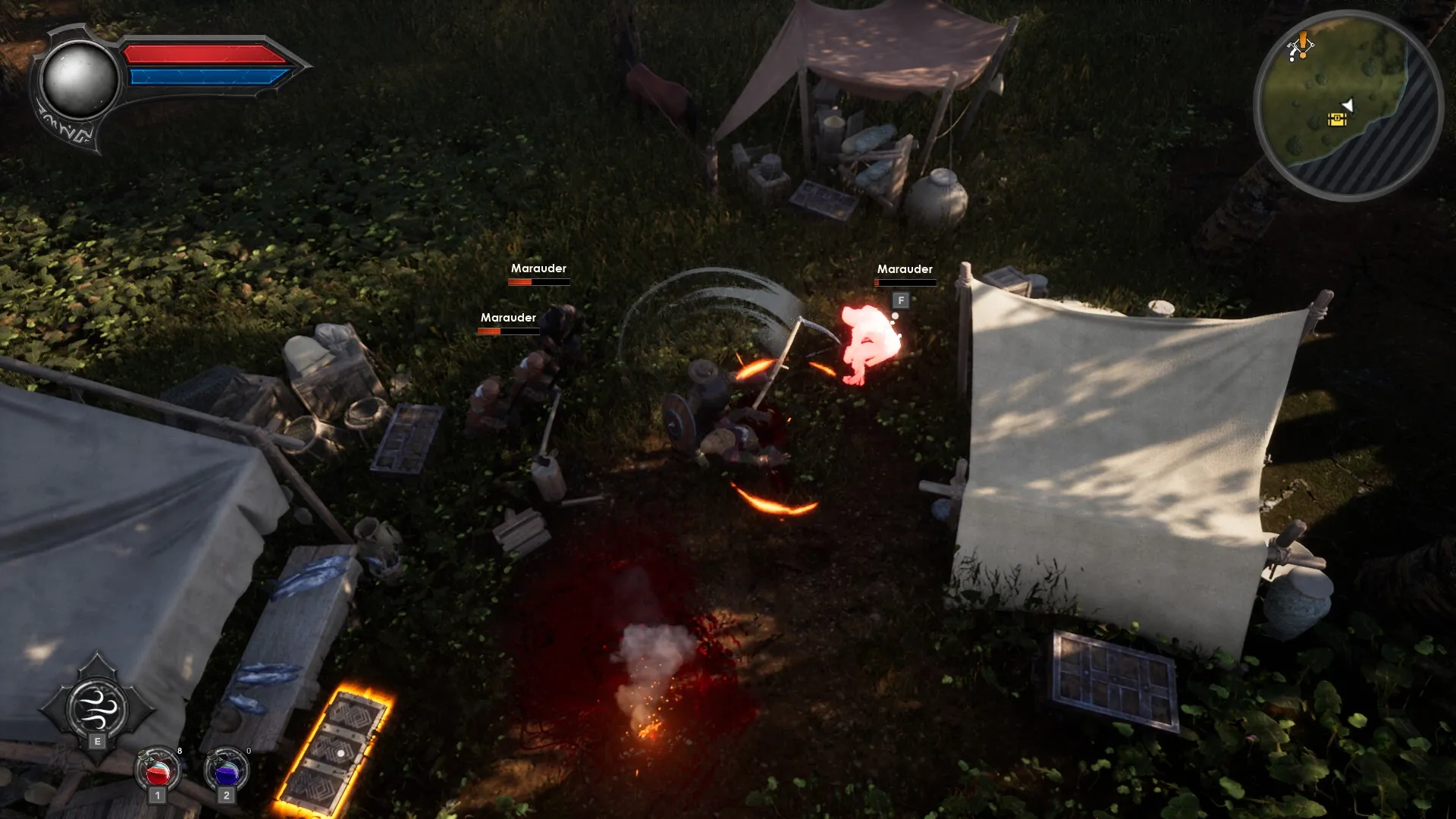 Eclipse 2: Player battles marauders in a forest camp, with health bar and mini-map HUD visible.