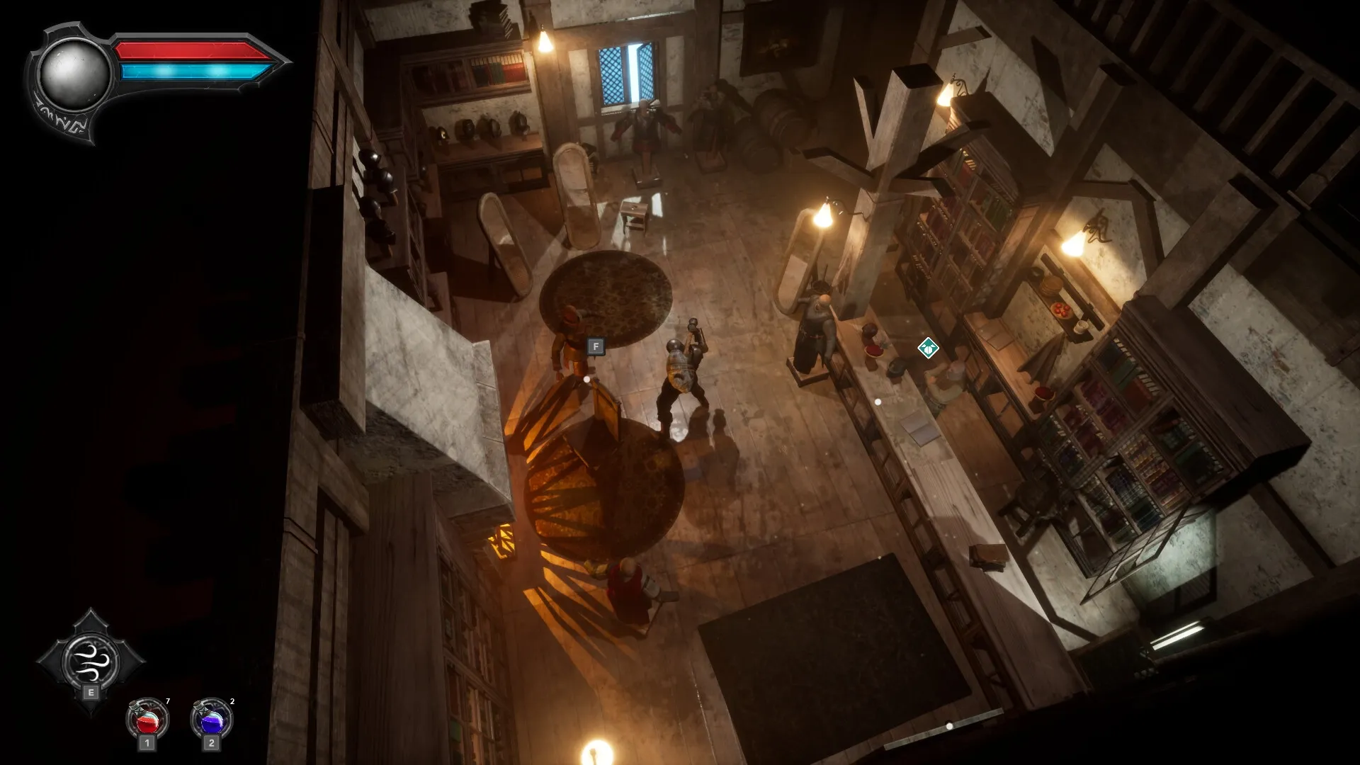 Eclipse 2: Character exploring medieval library with bookshelves, armor displays, and UI elements visible