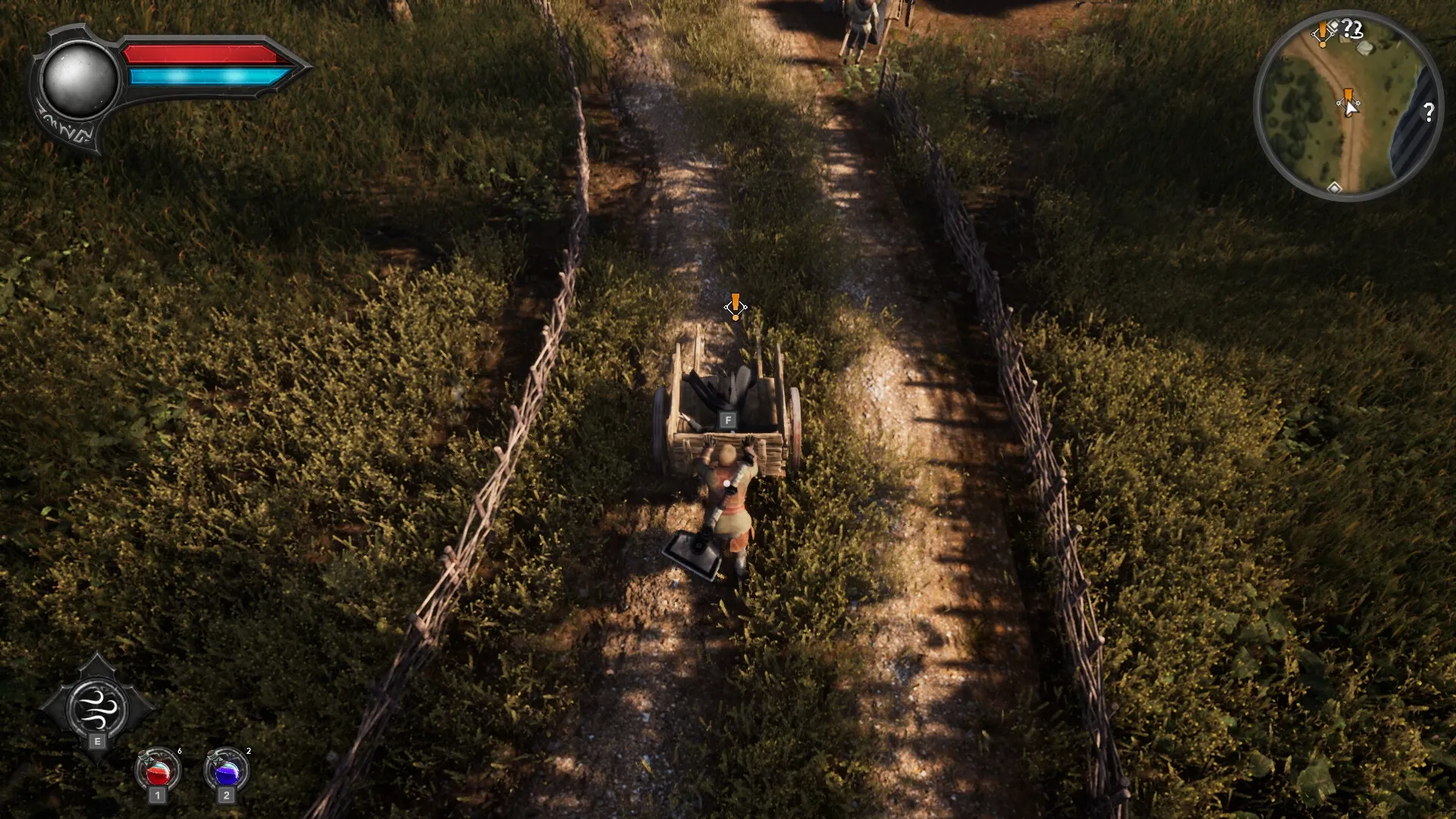 Eclipse 2: Player pushes cart along dirt path in sunny countryside with health and map UI visible