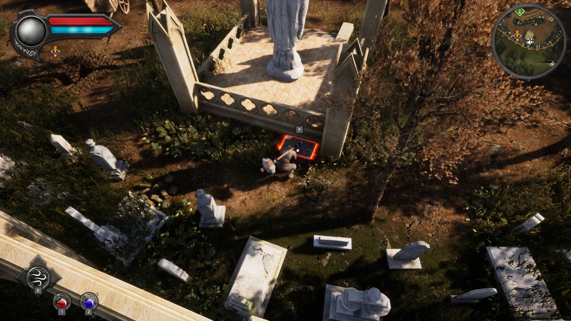 Eclipse 2: Player accessing hidden panel under statue in overgrown graveyard with map and health bars visible.