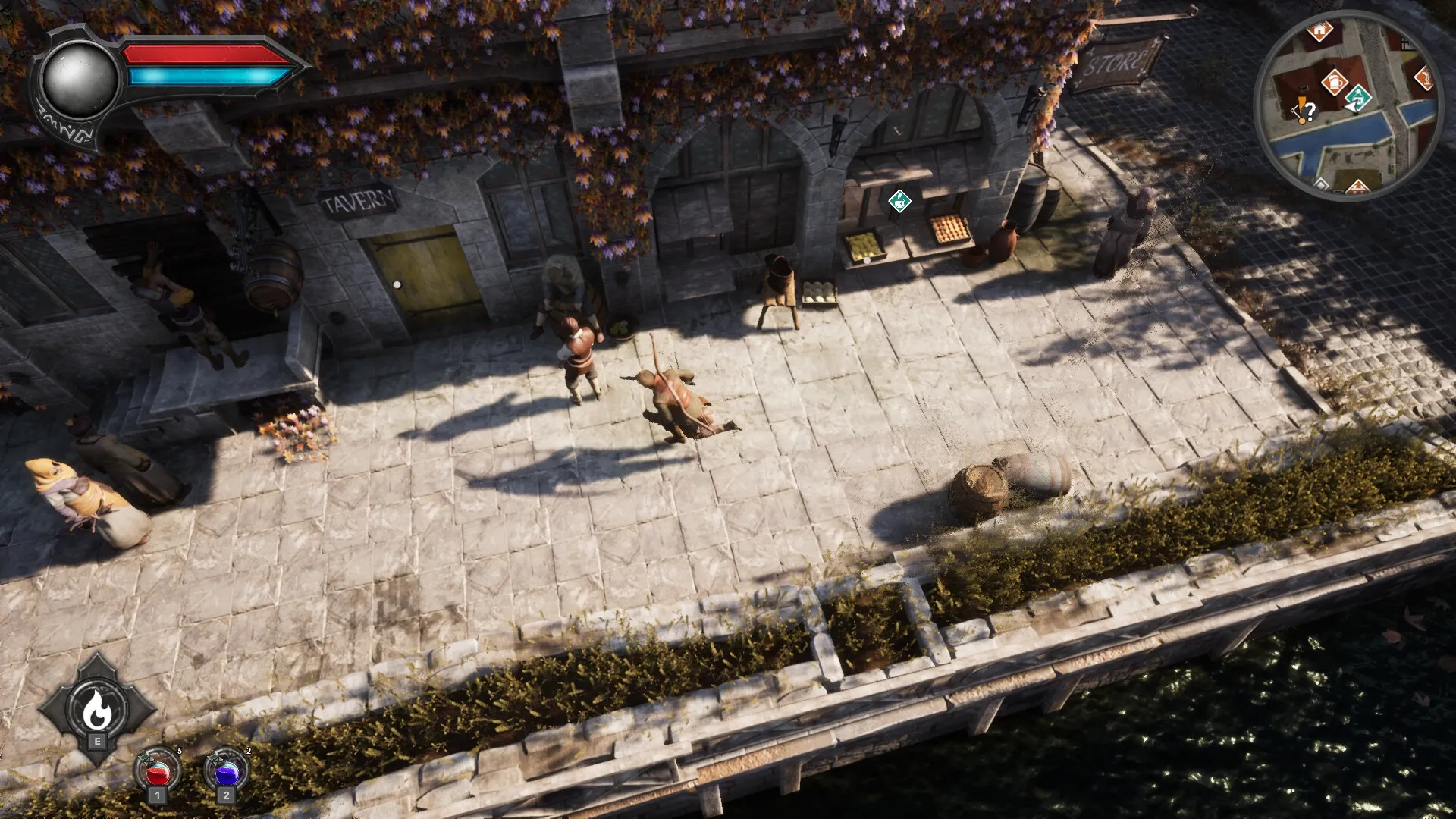 Eclipse 2: Overhead view of medieval street with character near tavern, UI elements, and minimap visible.