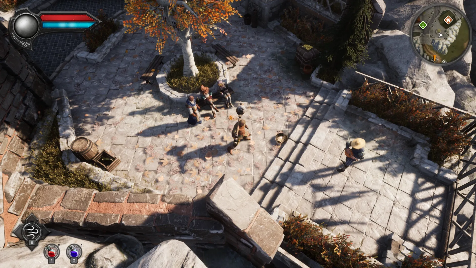 Eclipse 2: Overhead view of characters in a cobblestone courtyard with health bars and mini-map displayed.