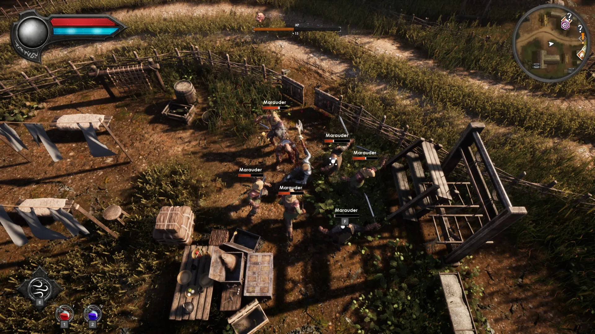 Eclipse 2: Combat with marauders in a rustic village setting, health and map UI elements visible