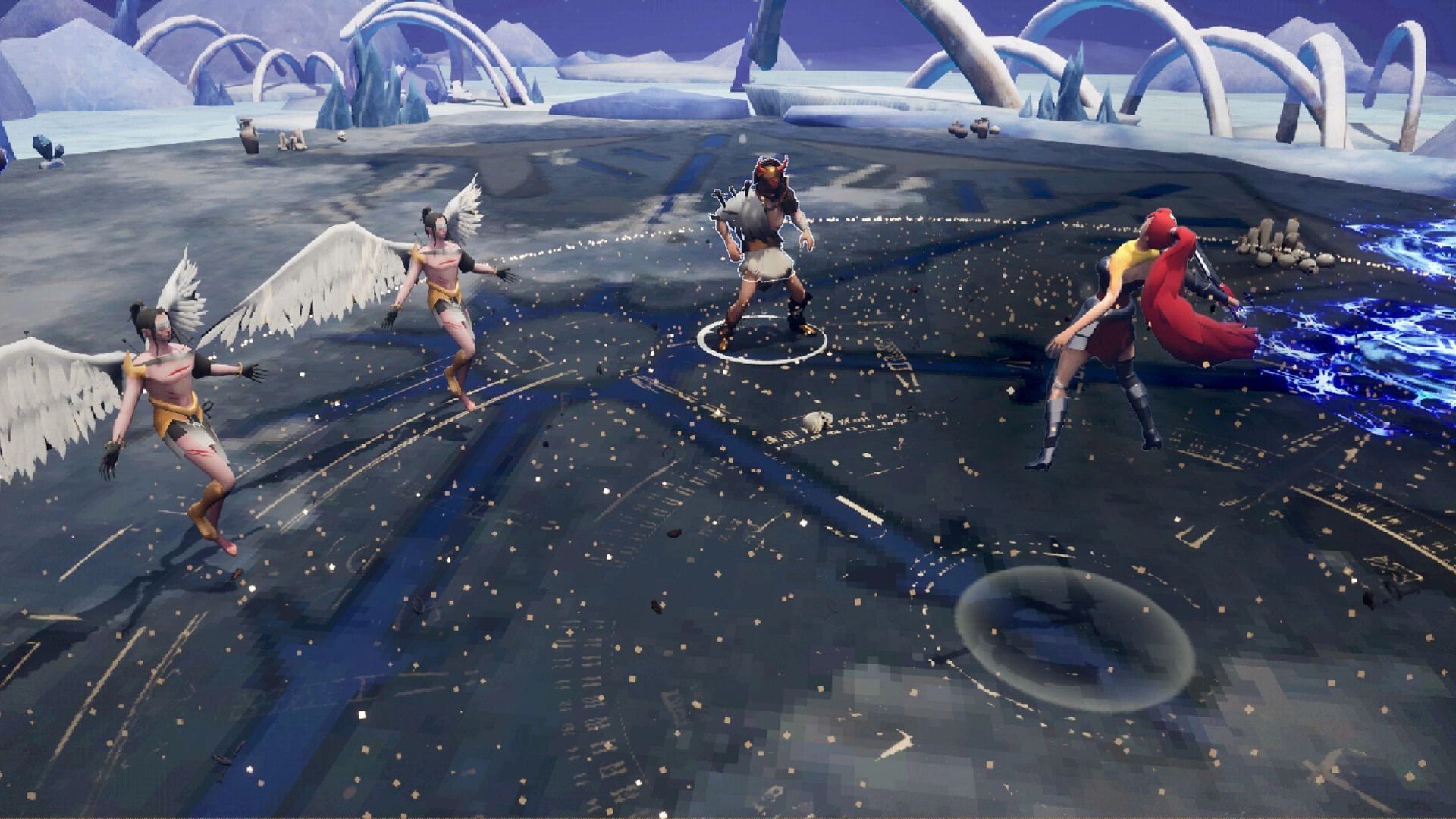 Eclipse Breaker: Characters and angels engage in battle on a mystical icy terrain with glowing patterns.