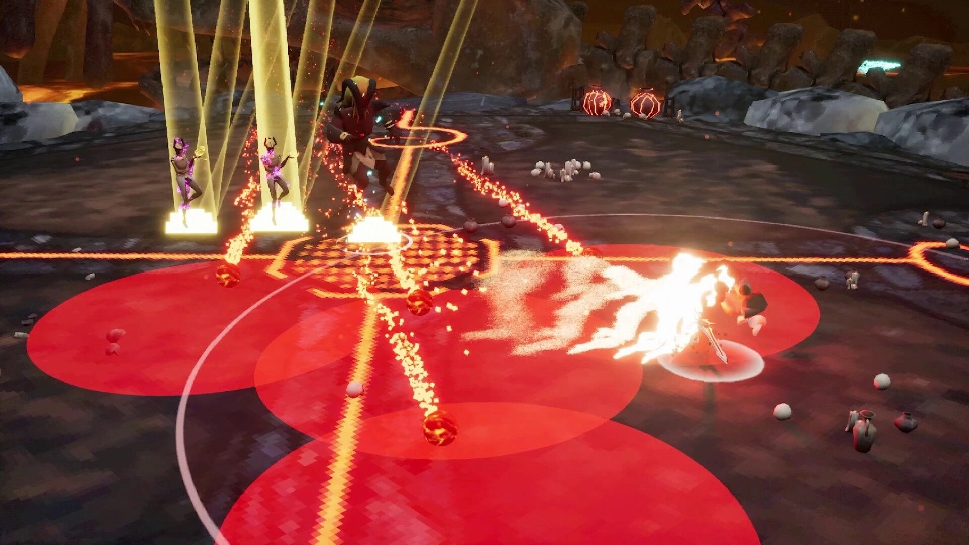 Eclipse Breaker: Intense battle with glowing red circles and beams in a rocky, lava-filled arena