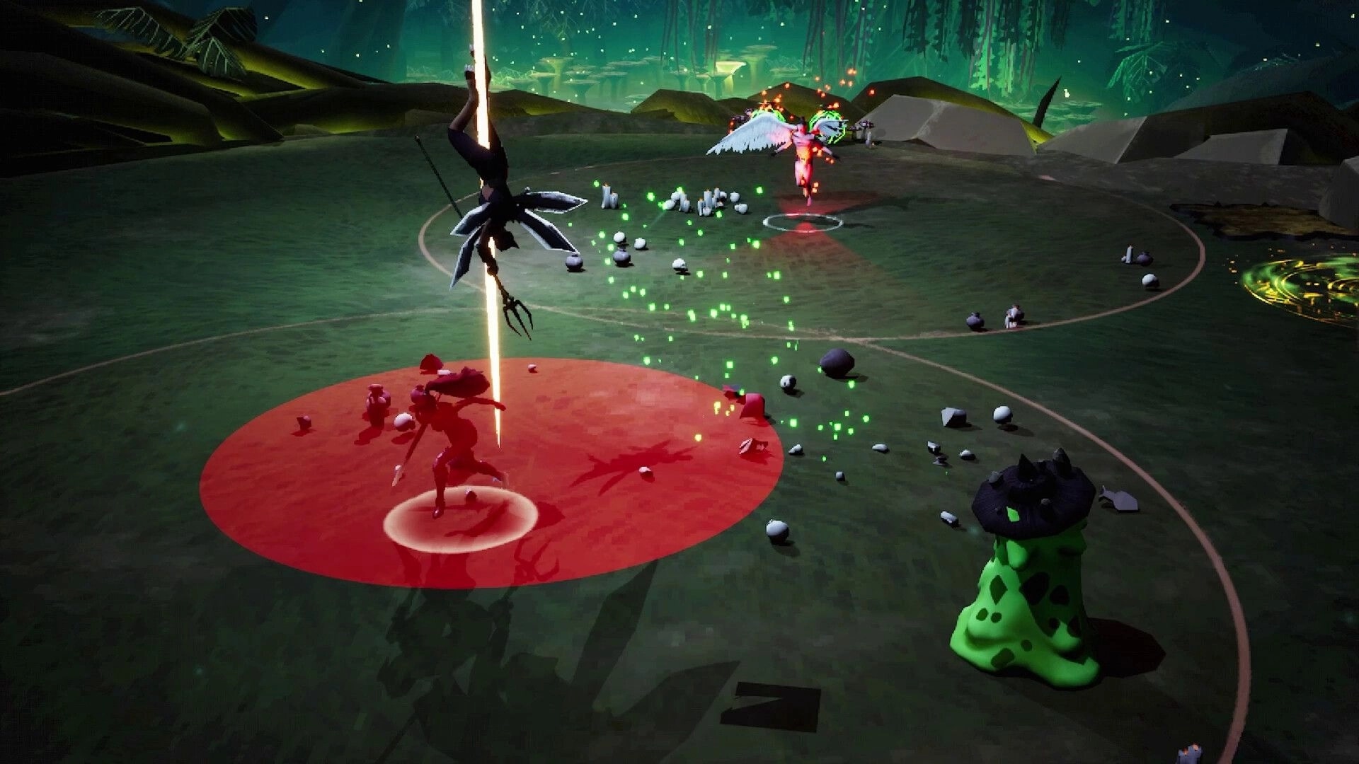 Eclipse Breaker: Intense combat with a winged enemy in a mystical forest arena with glowing effects
