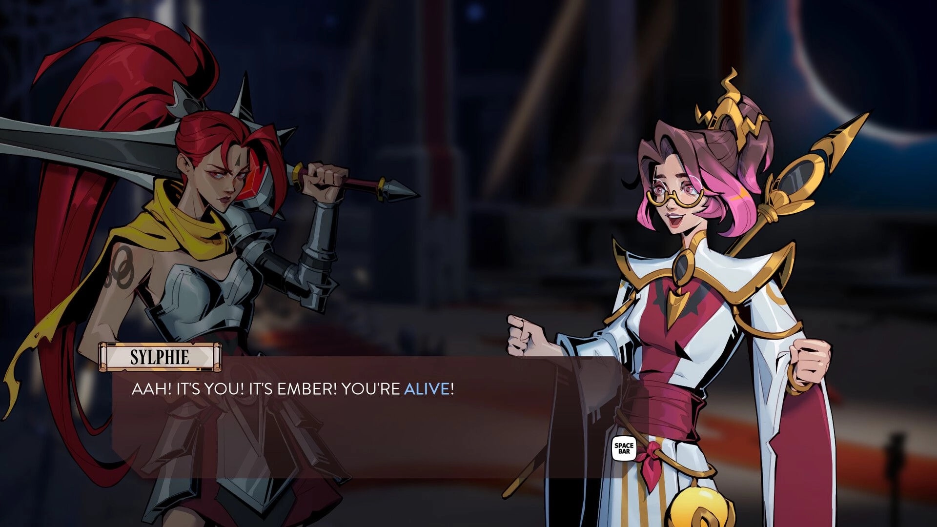 Eclipse Breaker: Sylphie confronts Ember in a dramatic encounter inside a shadowy temple setting.