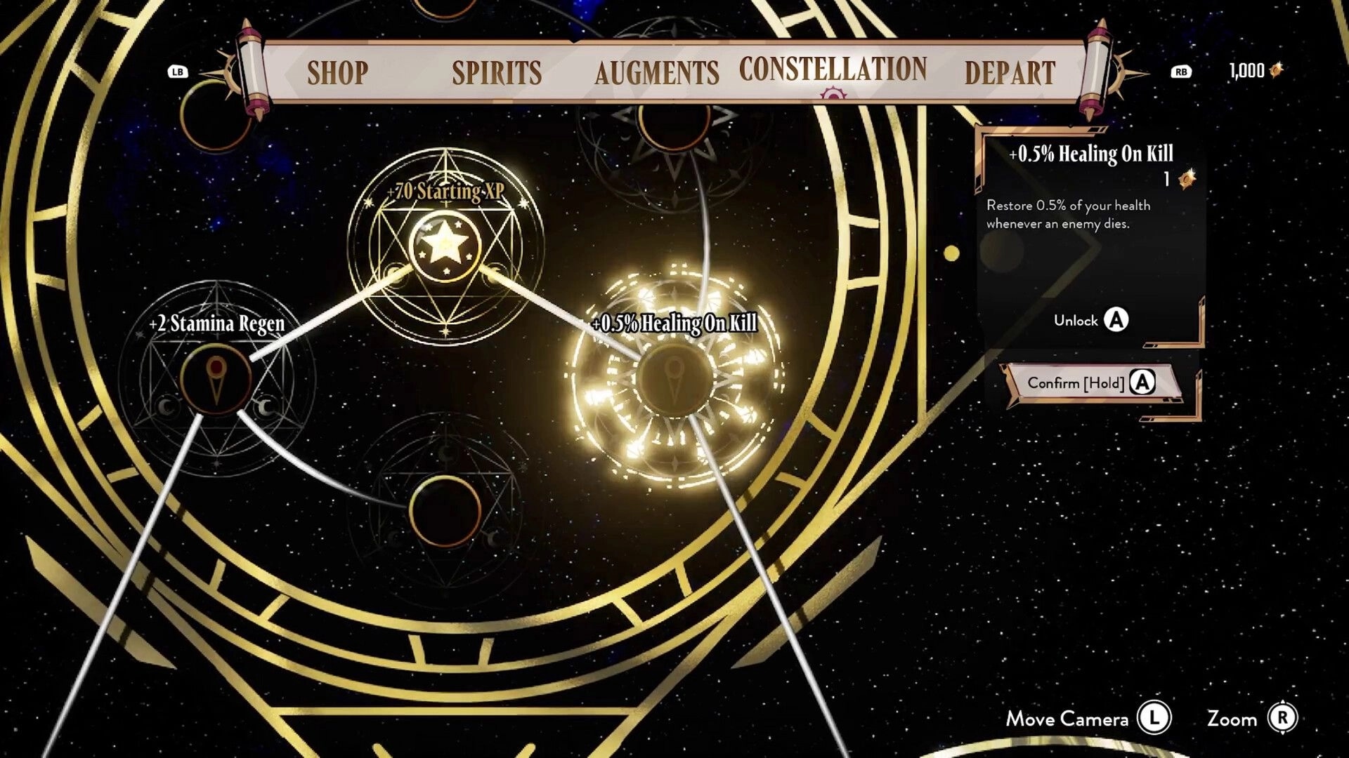 Eclipse Breaker: Constellation menu with options for stamina regen and healing bonuses in space setting