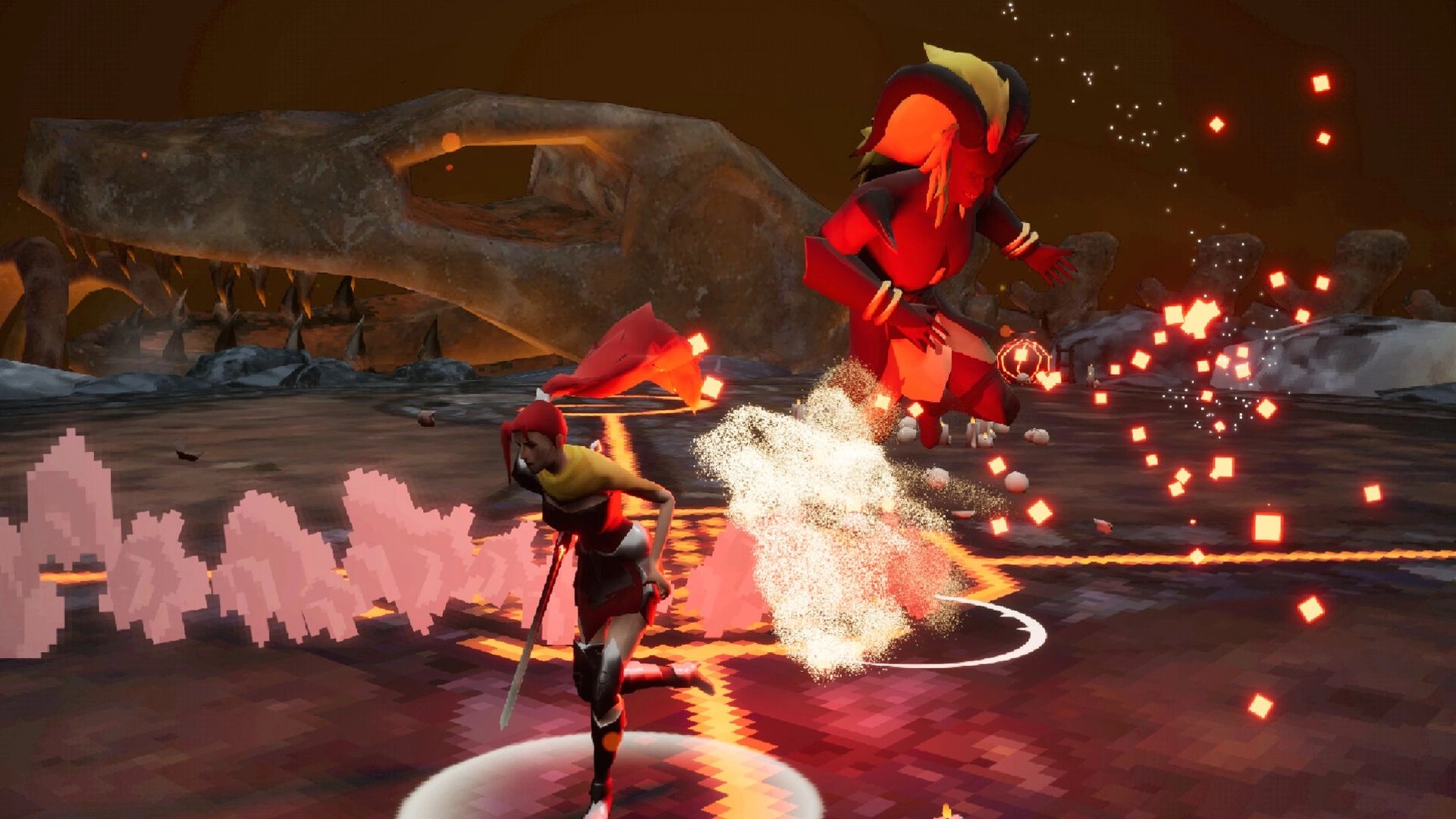 Eclipse Breaker: Character dodging attacks from a large red demon in a fiery, rocky dungeon environment.