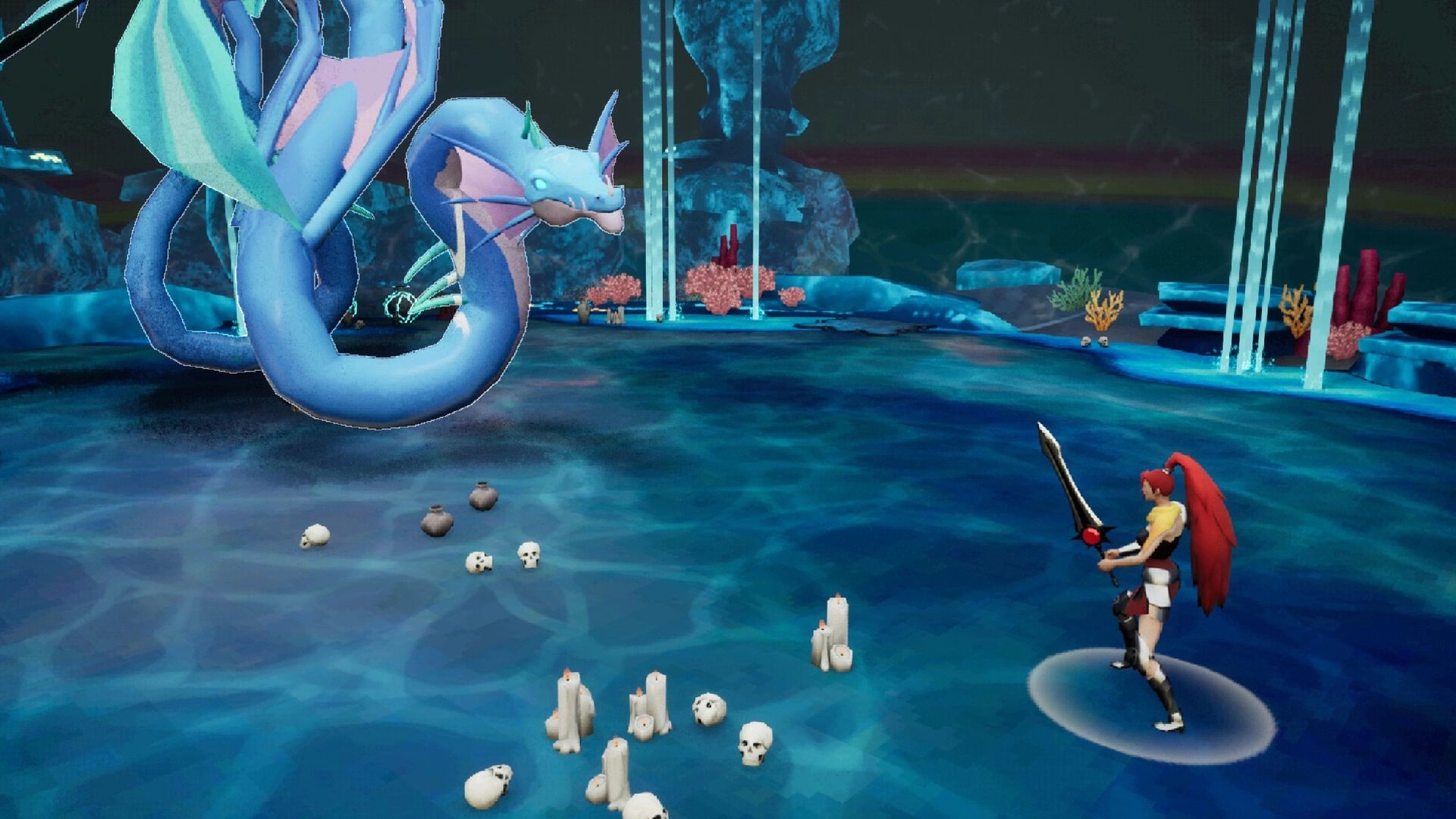 Eclipse Breaker: Player faces a giant sea serpent in a water-filled cavern with glowing corals.