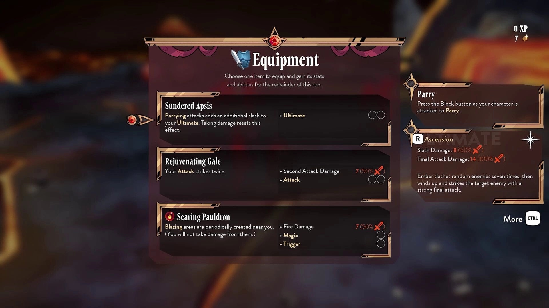 Eclipse Breaker: Equipment selection menu with options for parrying, attack damage, and fire damage skills.