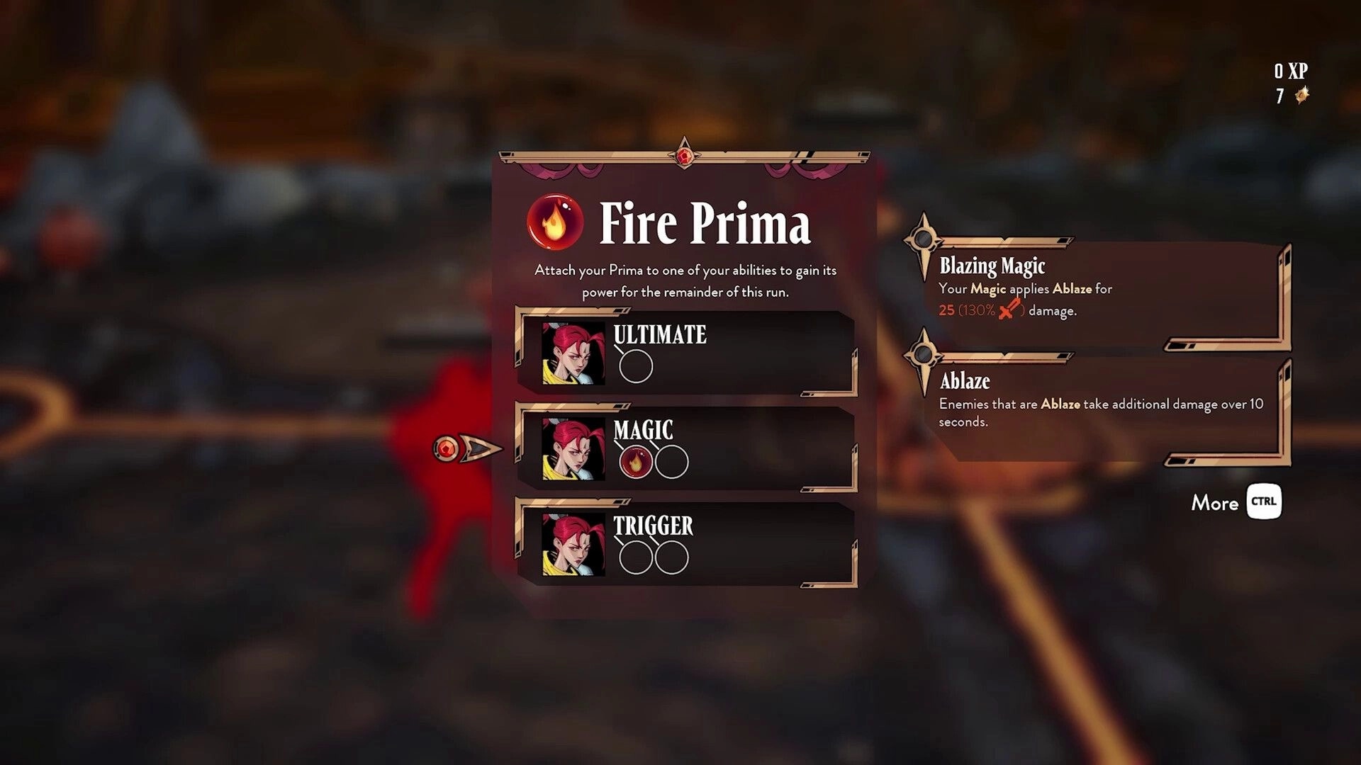 Eclipse Breaker: Fire Prima menu with character abilities and magic details displayed in dungeon setting.