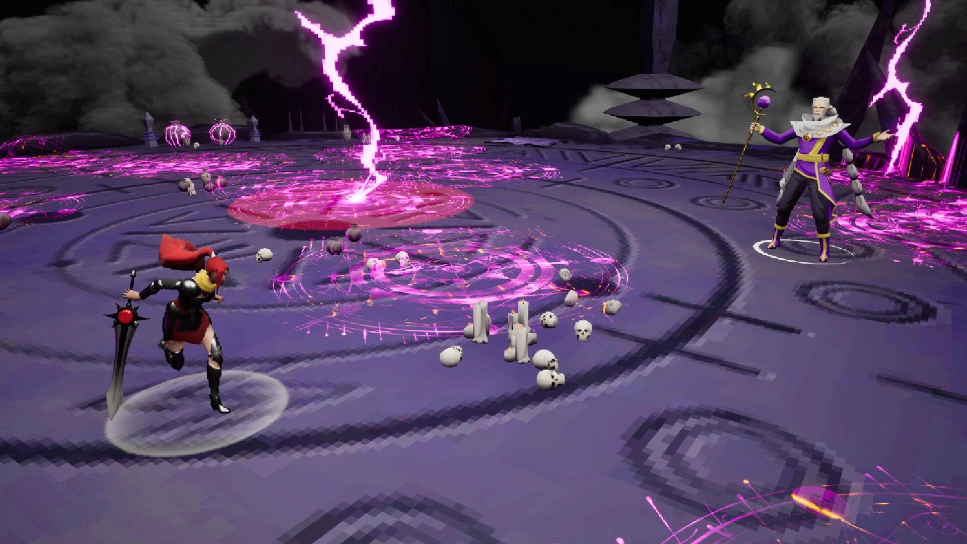 Eclipse Breaker: Hero faces off against mage in dark arena with glowing purple magic and scattered skulls.