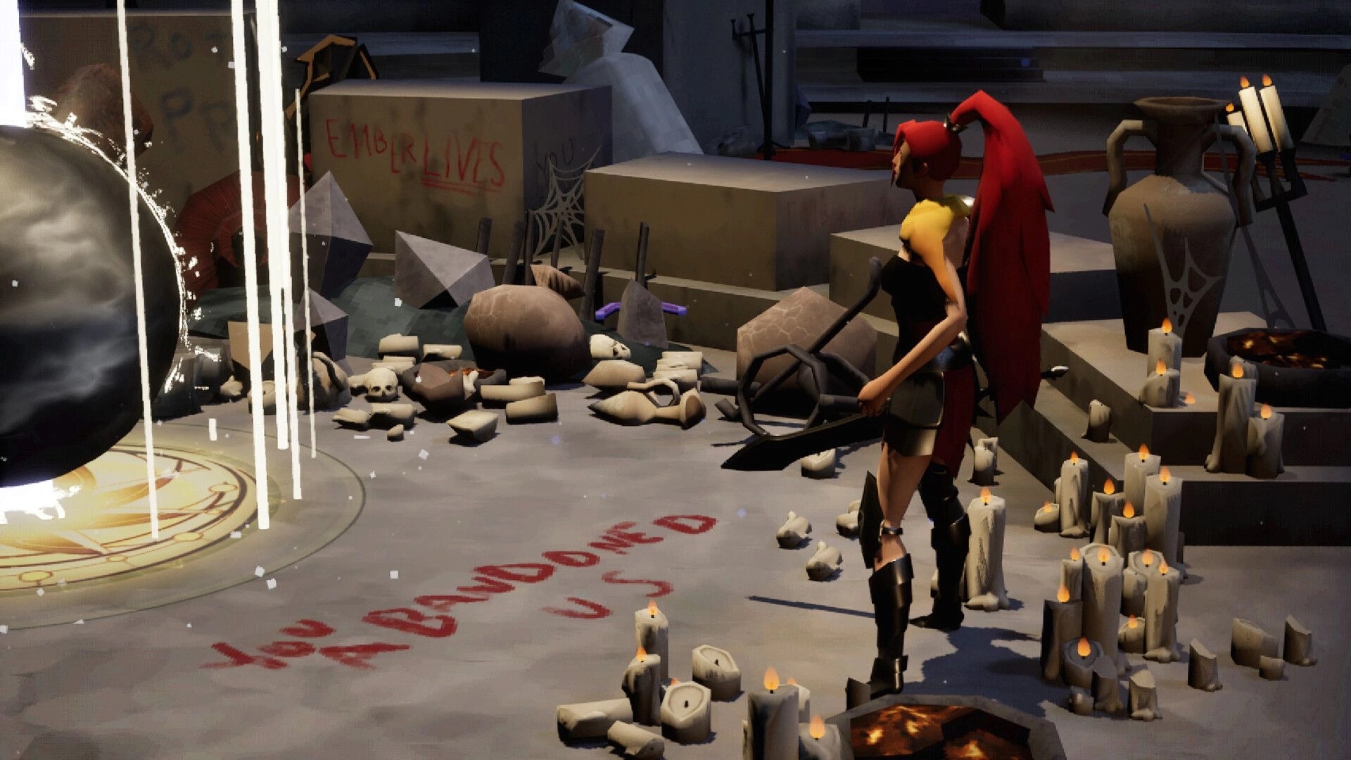 Eclipse Breaker: Warrior with red hair examines ritual site with candles and graffiti in dungeon setting.