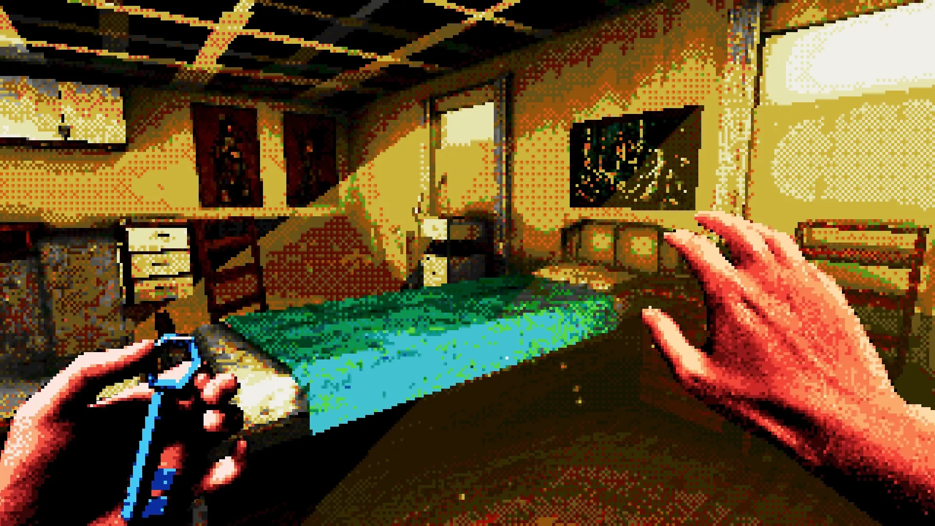 Eclipsium: Player holds a flashlight in a dimly lit, retro-style bedroom with abstract wall art.