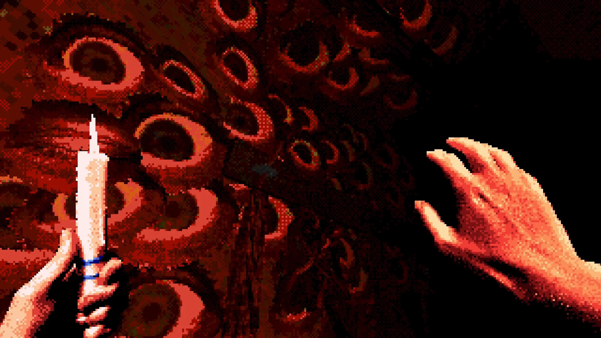 Eclipsium: Player holding candle near eerie, eye-like patterns on wall in dimly lit, surreal corridor
