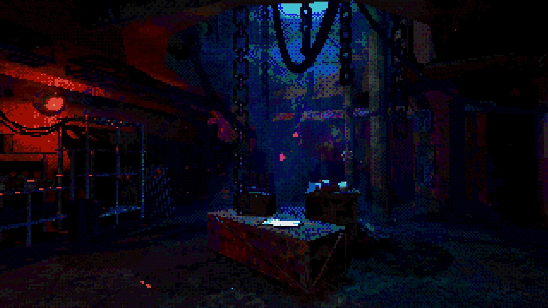 Eclipsium: Dimly lit industrial room with chains, glowing red light, and mysterious objects on tables