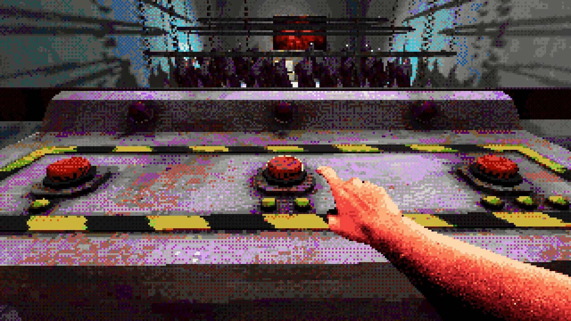 Eclipsium: Player's hand reaches for red button on control panel in dimly lit industrial chamber.