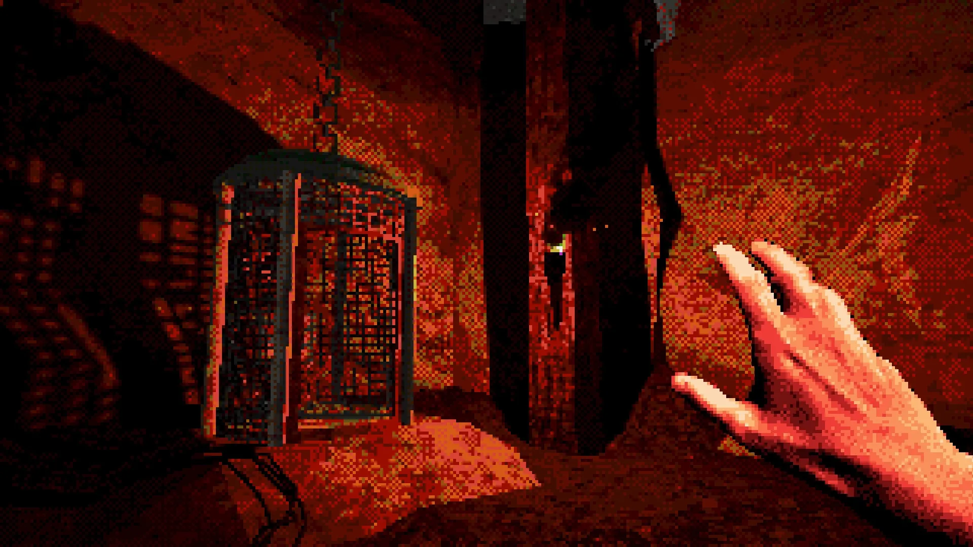 Eclipsium: Player's hand reaching toward a hanging cage in a dimly lit, red-hued cavern environment.