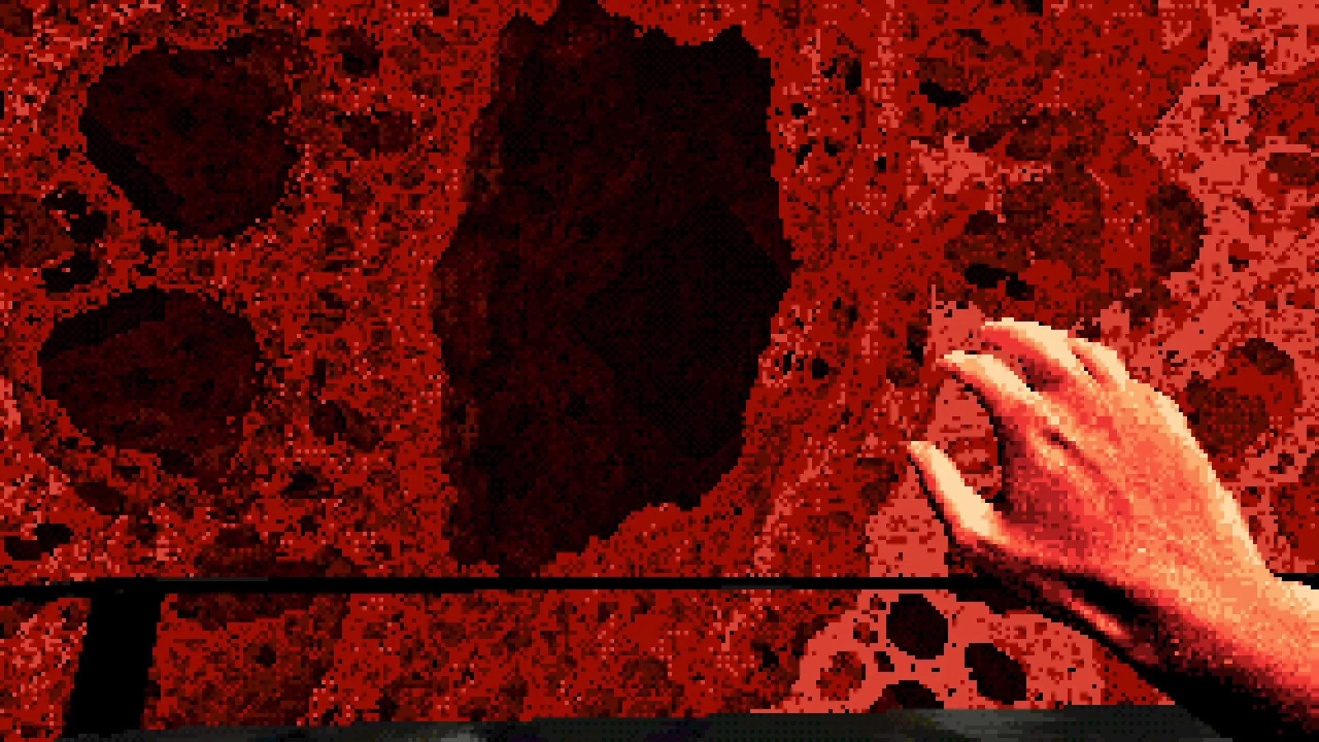 Eclipsium: Outstretched hand reaching toward a dark abyss in a pixelated, eerie red environment