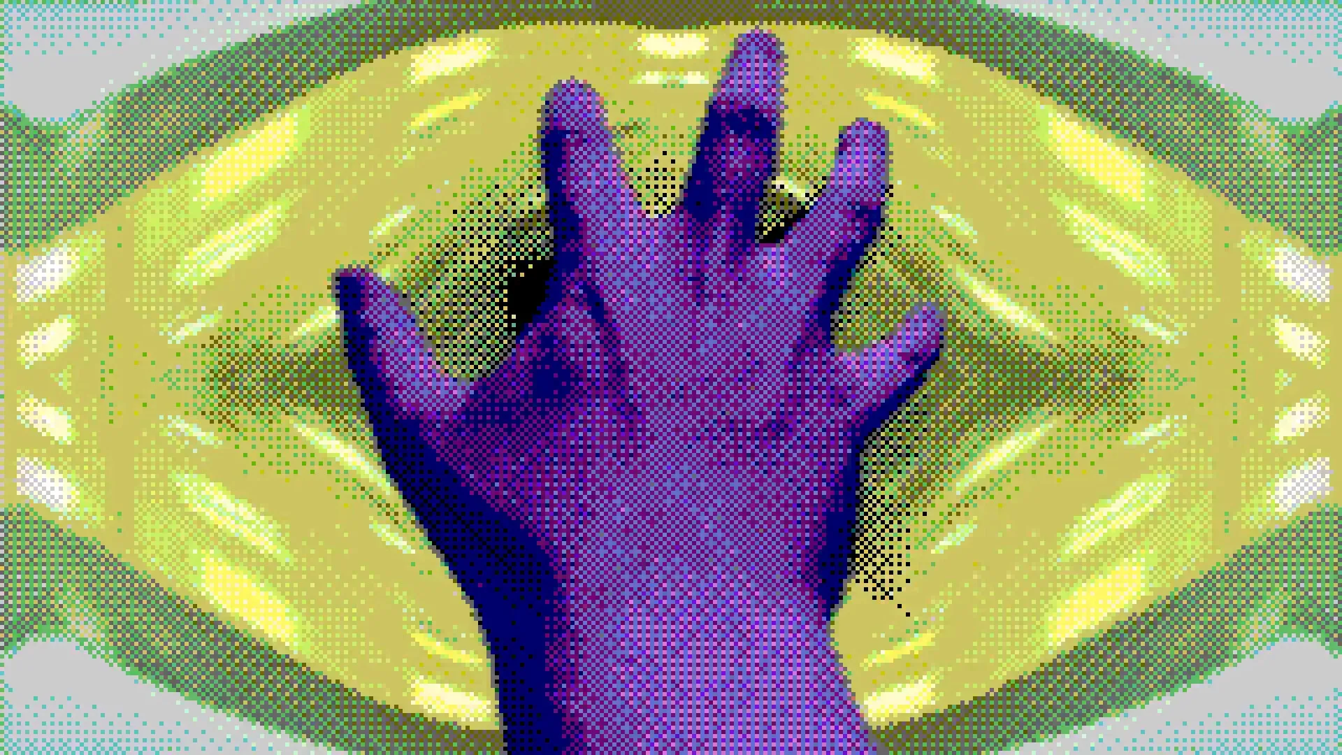 Eclipsium: Purple hand reaching towards a swirling, yellow-green portal in a surreal environment