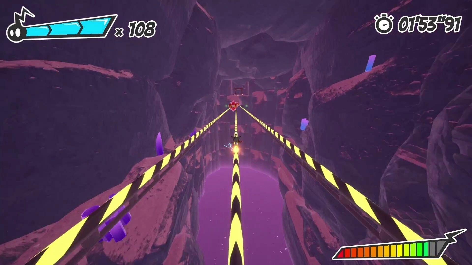 Ectorider: Grinding hazard-striped rails over a canyon, UI shows 108 count and 1:53 timer in caves.