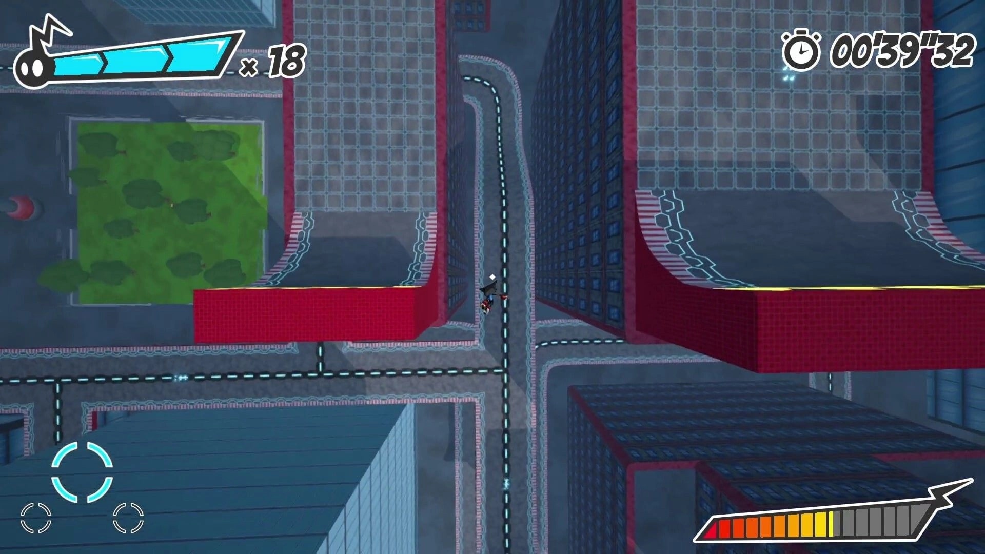 Ectorider: Player grinding a narrow city rail between rooftops, HUD shows x18 and timer 00:39:32.