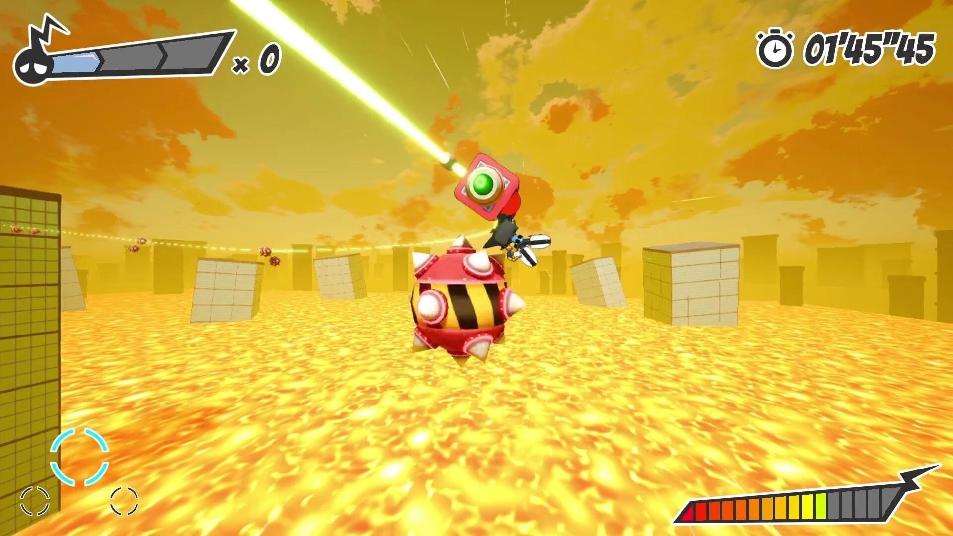 Ectorider: Player grapples a spiked robot with a green laser over a golden lava arena, timer UI up.