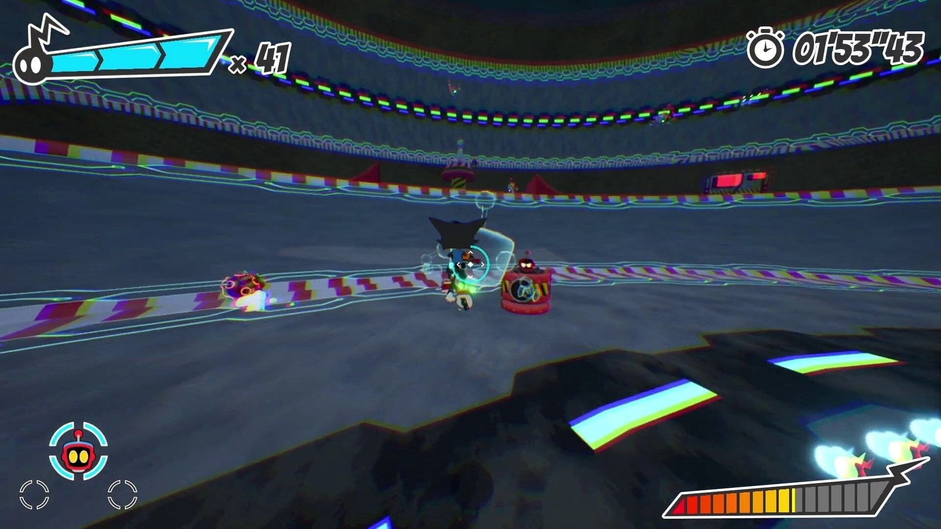 Ectorider: Player skates and aims at a robot enemy in a neon arena, with timer and health UI visible.