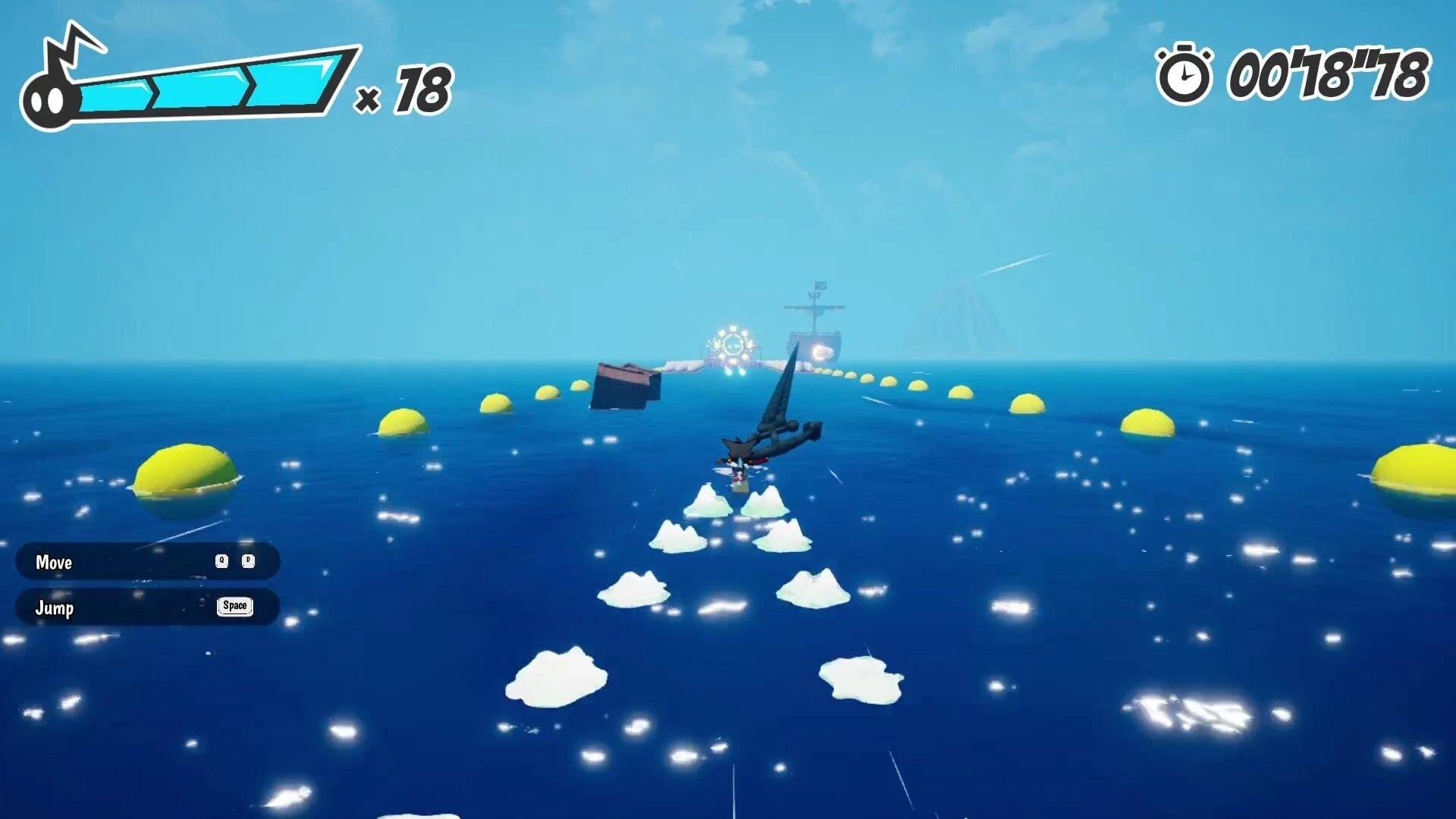 Ectorider: Rollerblading over ocean ice floes toward a ship, timer and x18 counter on HUD.
