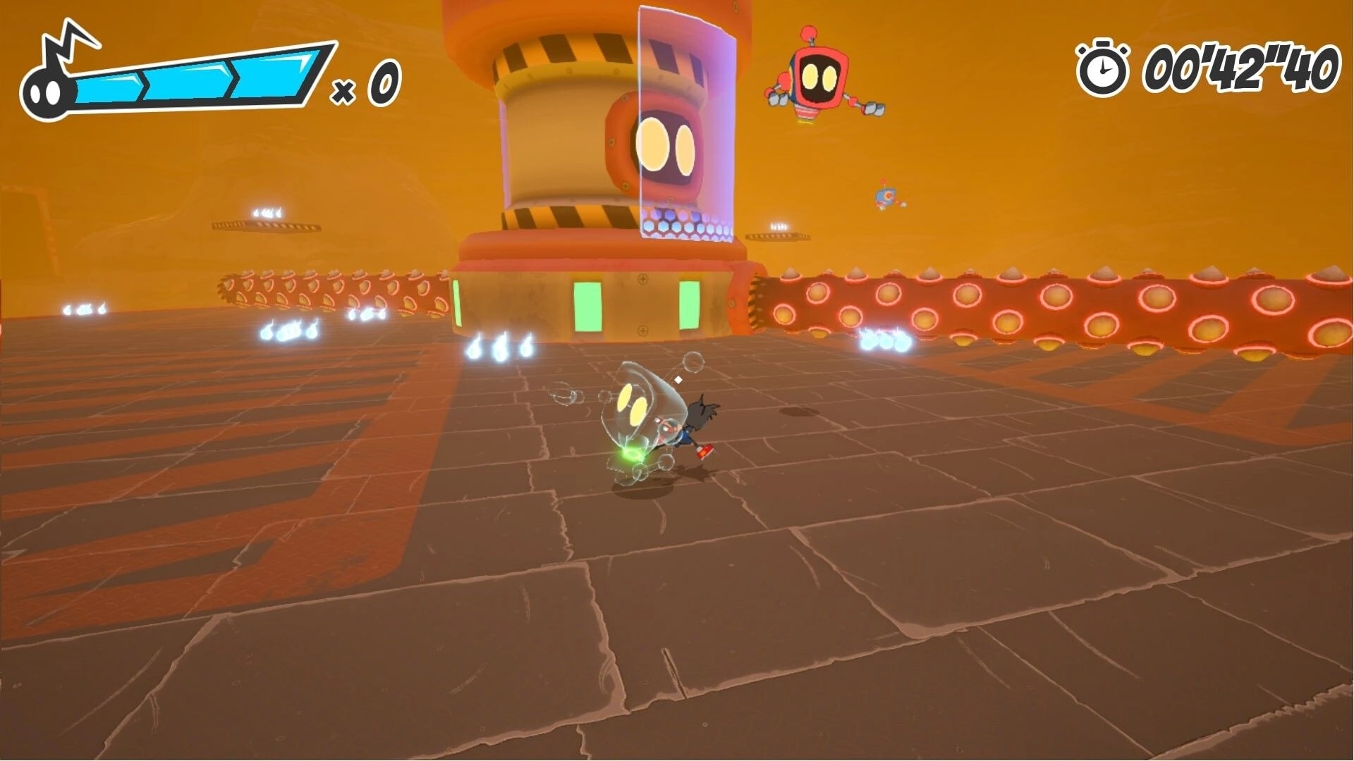 Ectorider: Rollerblading ghost hero dodges drones by a shielded tower in orange arena, timer HUD visible.
