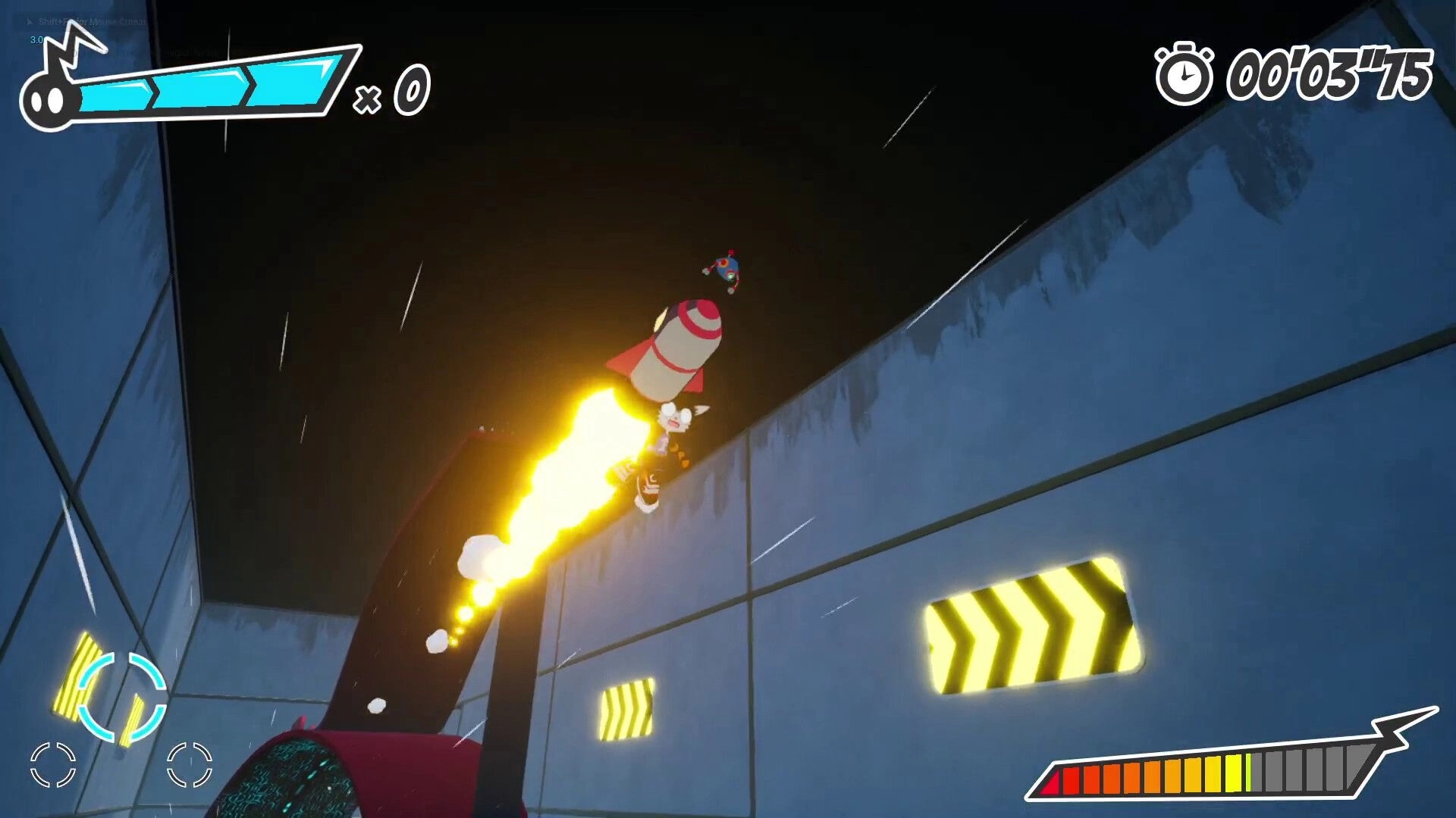 Ectorider: Player launches off a flaming rocket in a metallic corridor, timer and energy bars visible.