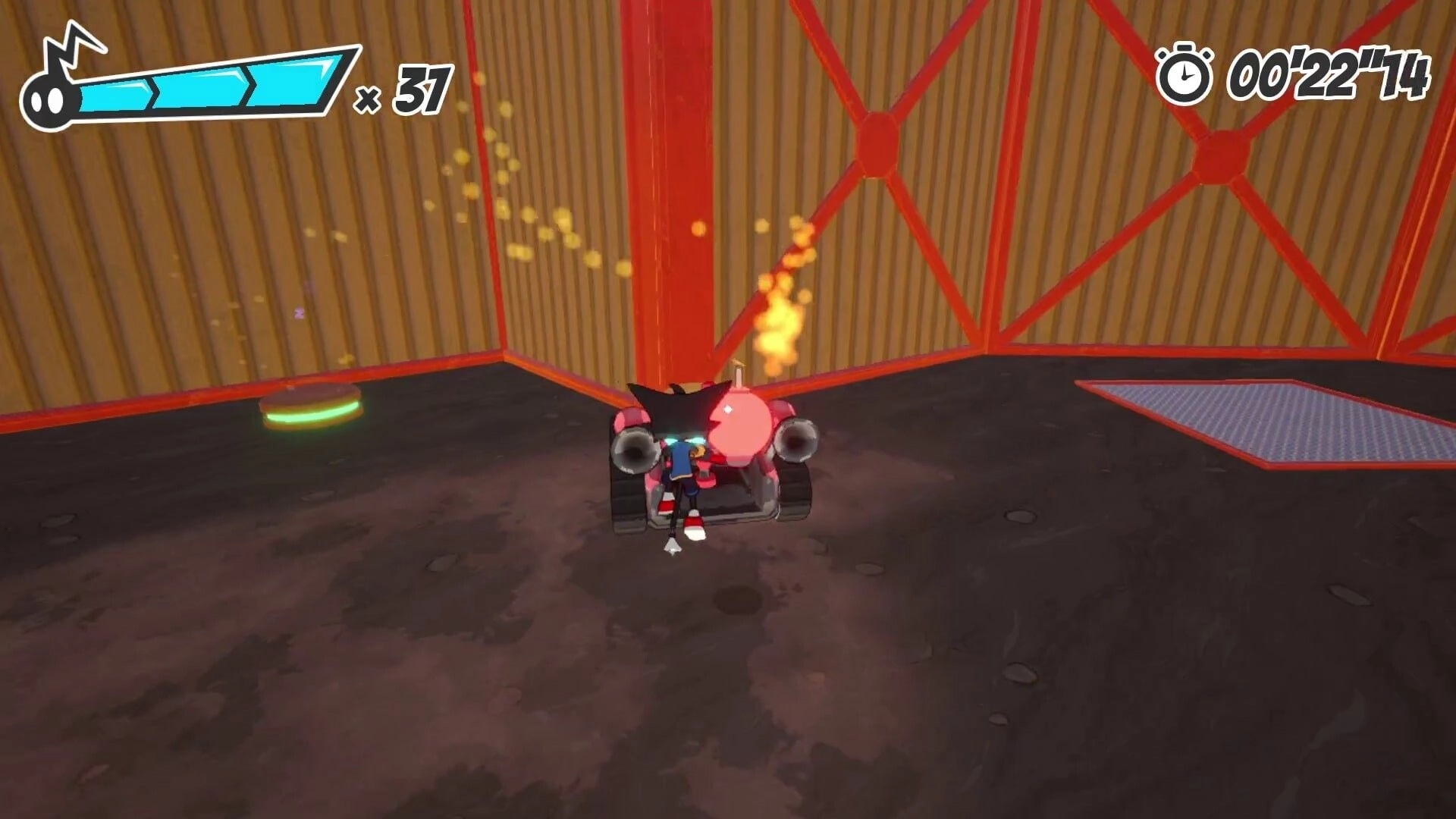 Ectorider: Player grabs a pink bomb robot in a metal arena, UI shows 37 and timer 00:22:14.