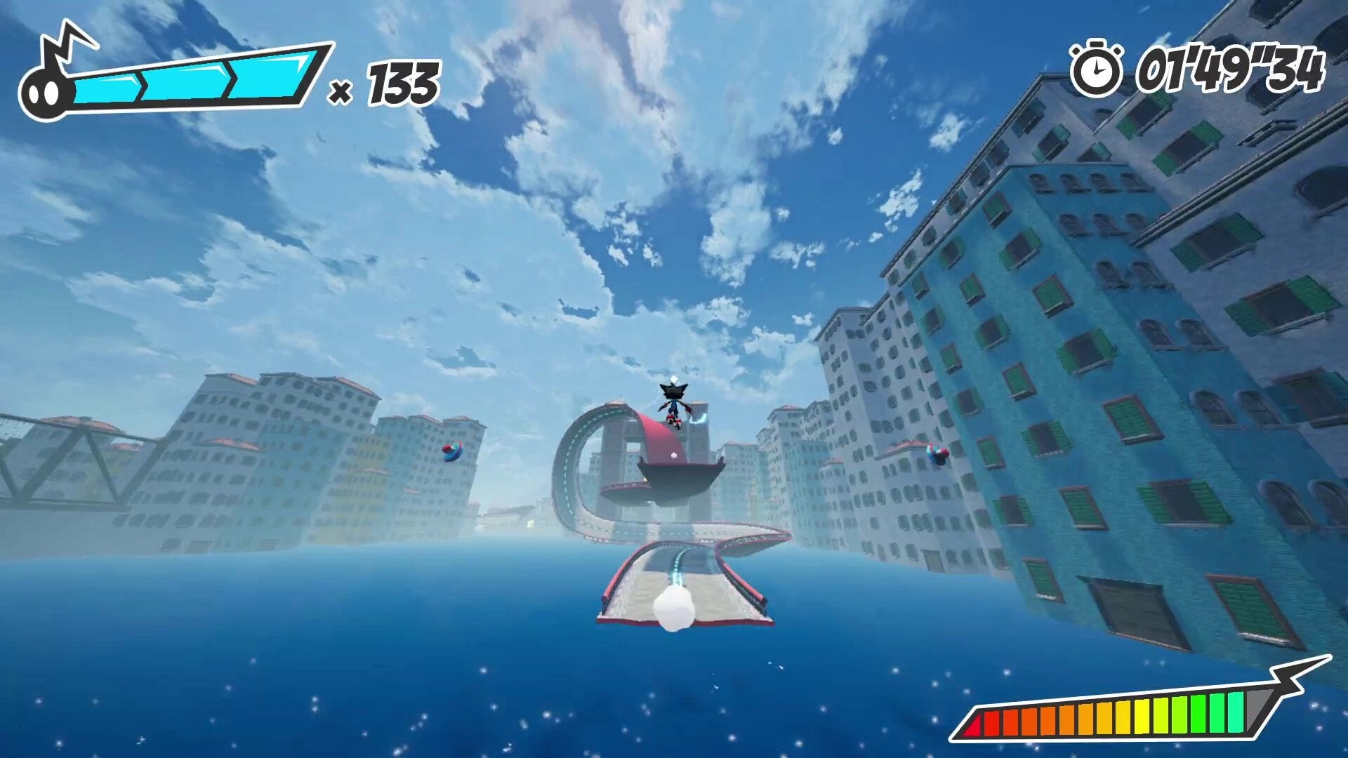 Ectorider: Player skates along floating track above flooded city, HUD shows 133 and timer 01:49:34.
