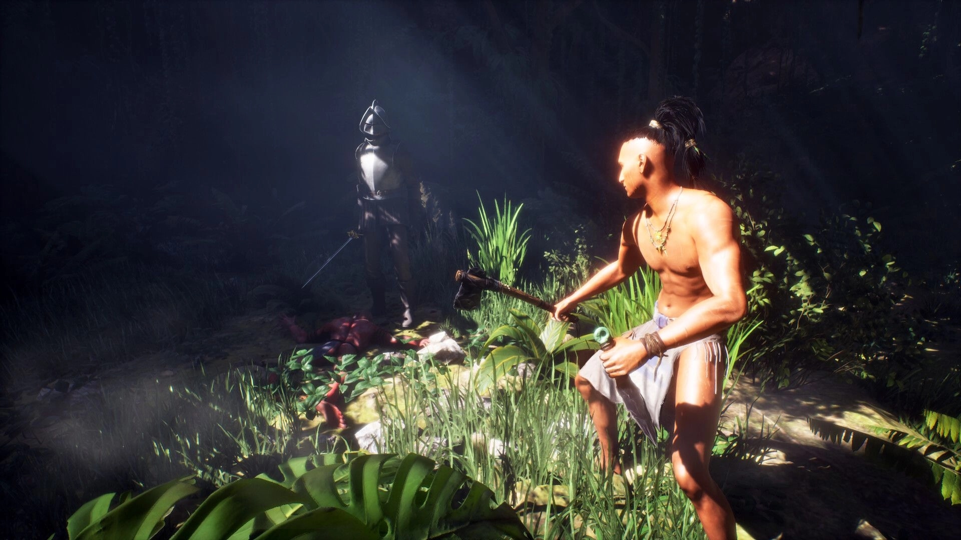 Ecumene Aztec: Tense standoff between warrior and enemy in dense jungle under dappled sunlight.