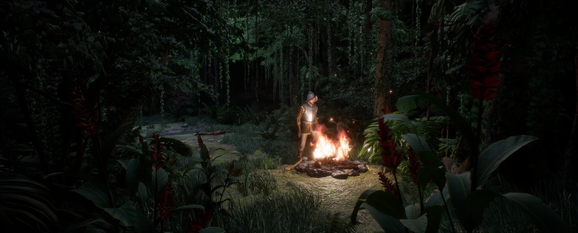 Ecumene Aztec: Character stands by a campfire in a dense jungle, illuminated by flickering flames.