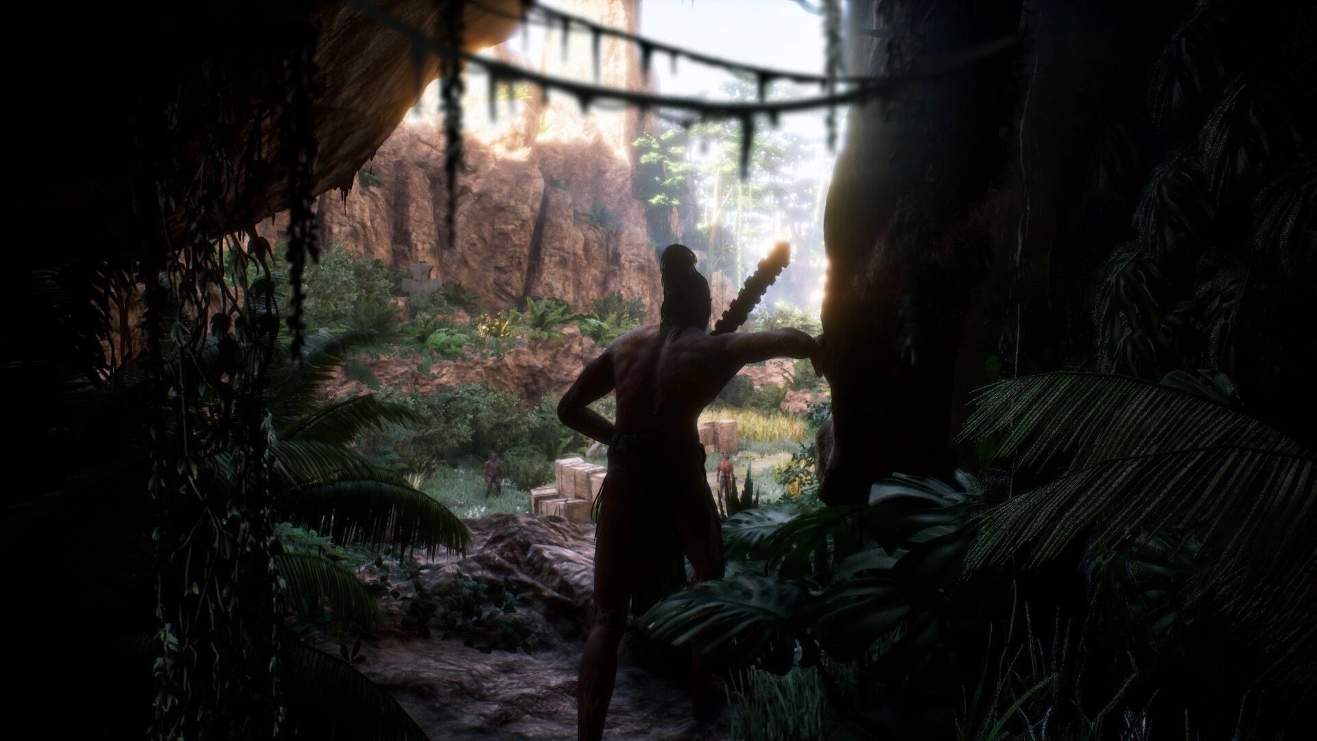Ecumene Aztec: Fugitive character stealthily observes enemies from jungle cave entrance at dawn.