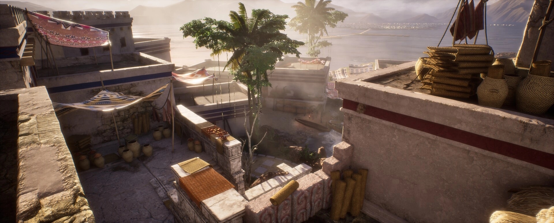 Ecumene Aztec: Rooftop view of a sunlit marketplace with pottery, woven mats, and vibrant fabric canopies.
