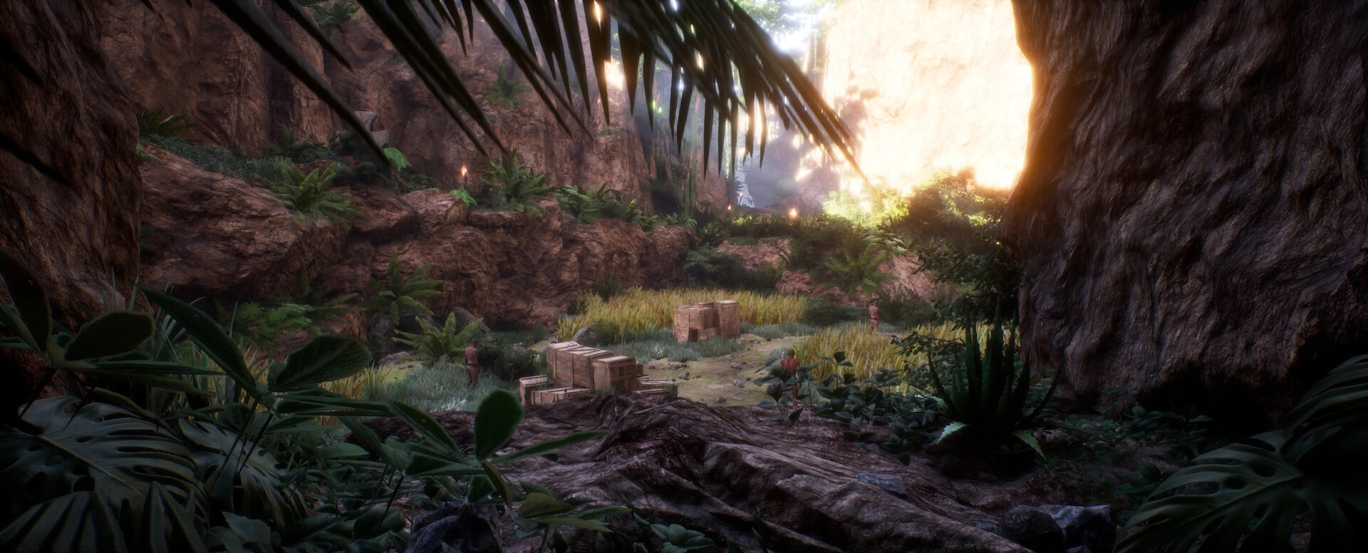 Ecumene Aztec: Lush jungle valley with players near wooden crates under sunlight filtering through leaves