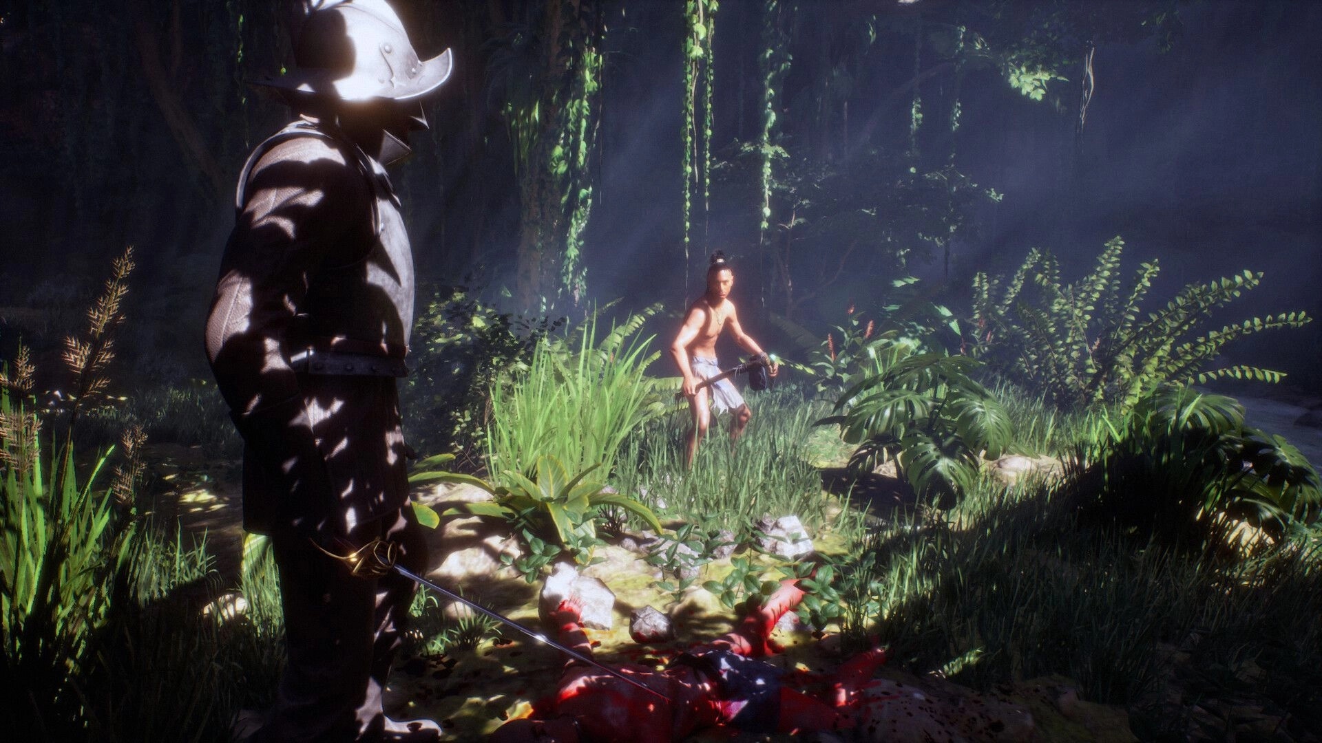 Ecumene Aztec: Armed fugitive faces armored soldier in dense jungle, surrounded by lush vegetation.