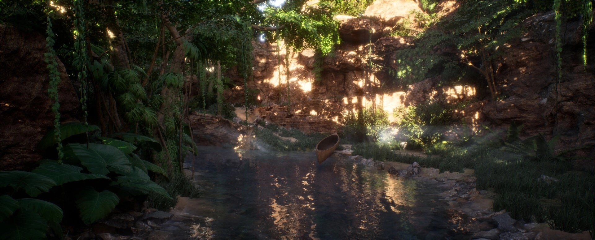 Ecumene Aztec: Canoe rests on a serene jungle riverbank, surrounded by lush vegetation and rocky cliffs.