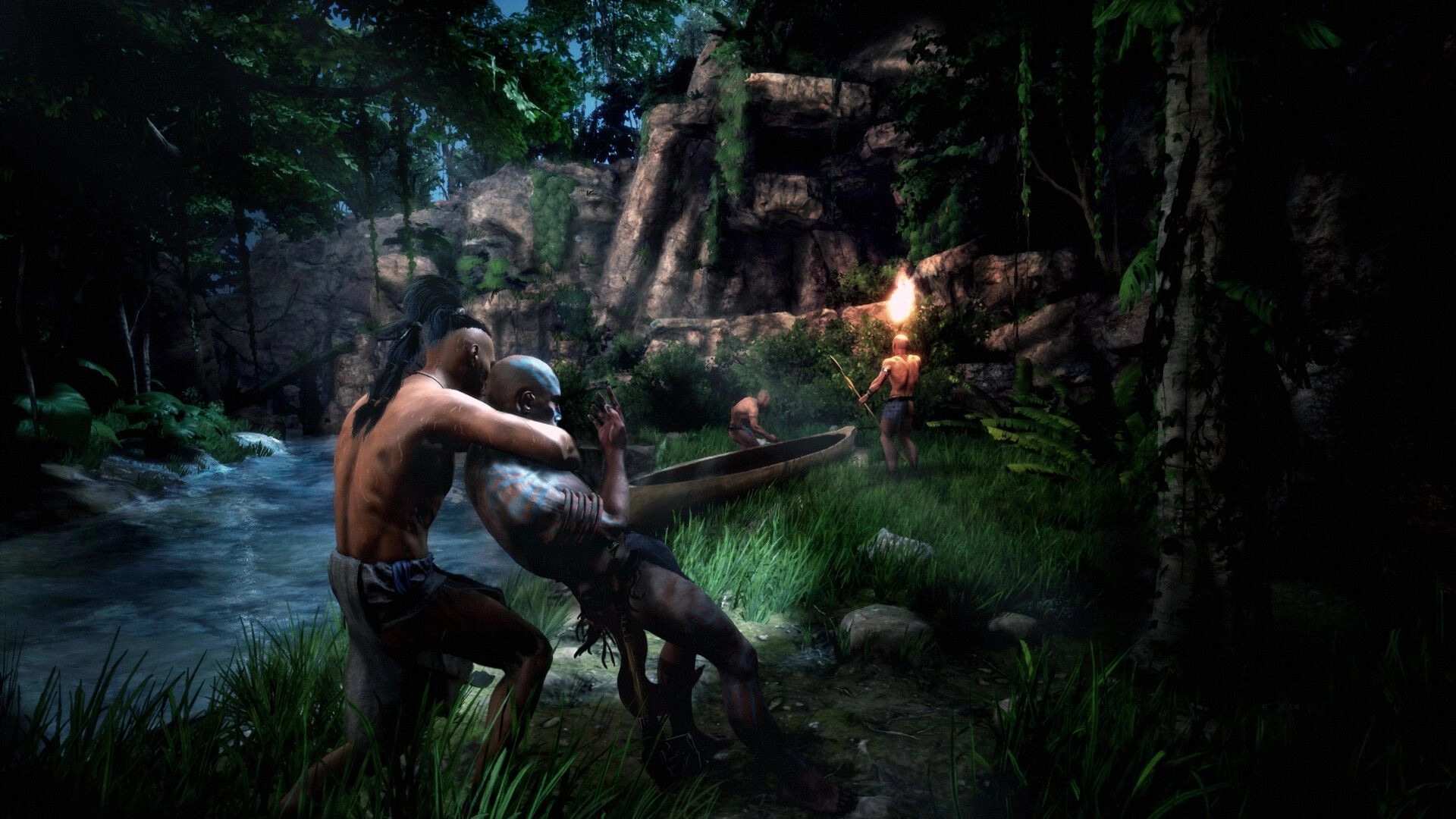 Ecumene Aztec: Stealth attack by riverbank, two characters in combat, others with torch and canoe nearby.
