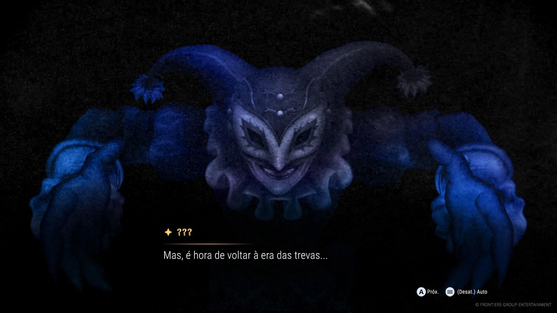 EDEN’S FRONTIER™: Menacing jester-like boss looms in darkness during dialogue scene with subtitle UI.
