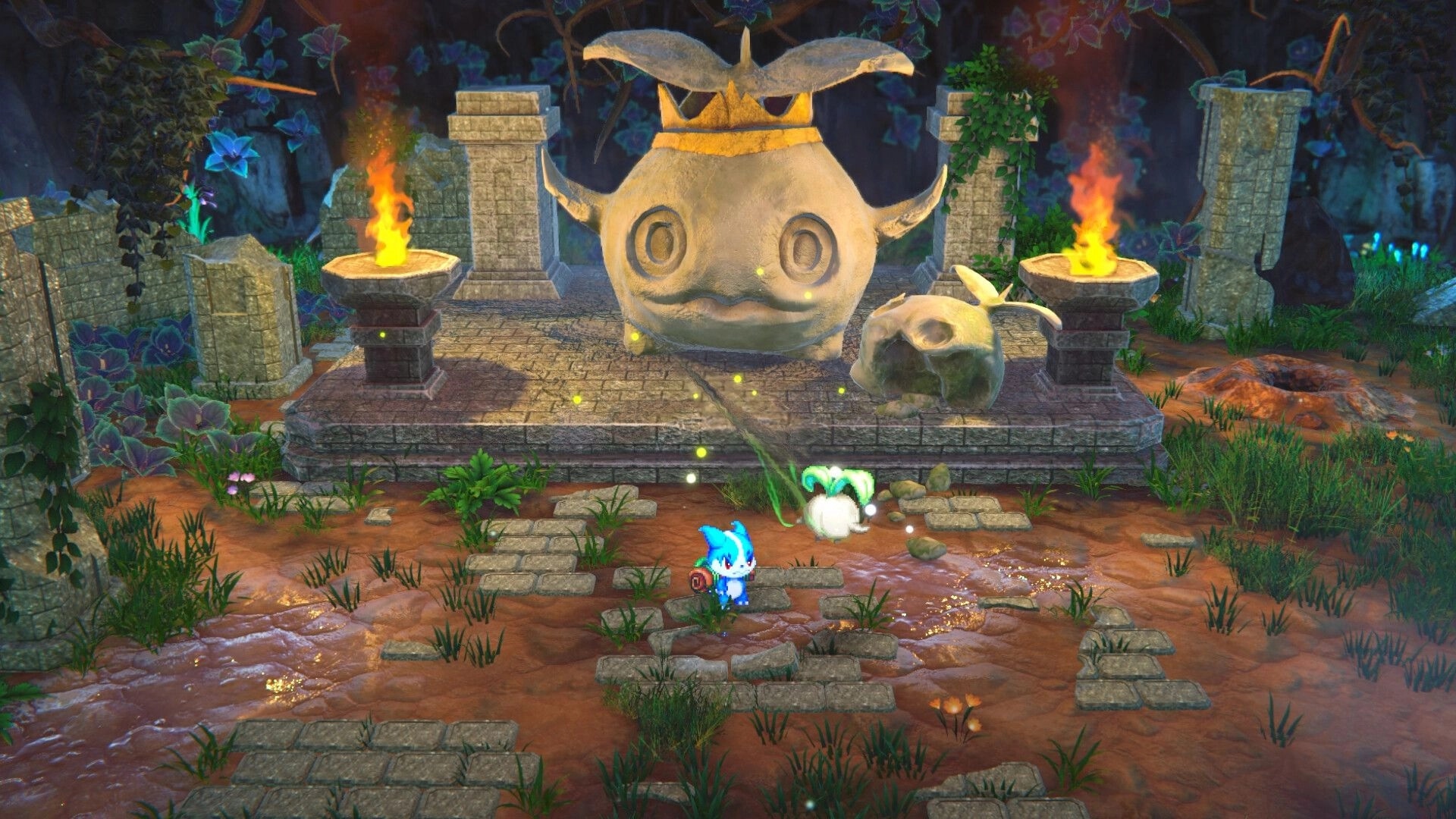 EDEN’S FRONTIER™: Bluveil explores a vine-covered ruin altar with flaming braziers and a stone idol.