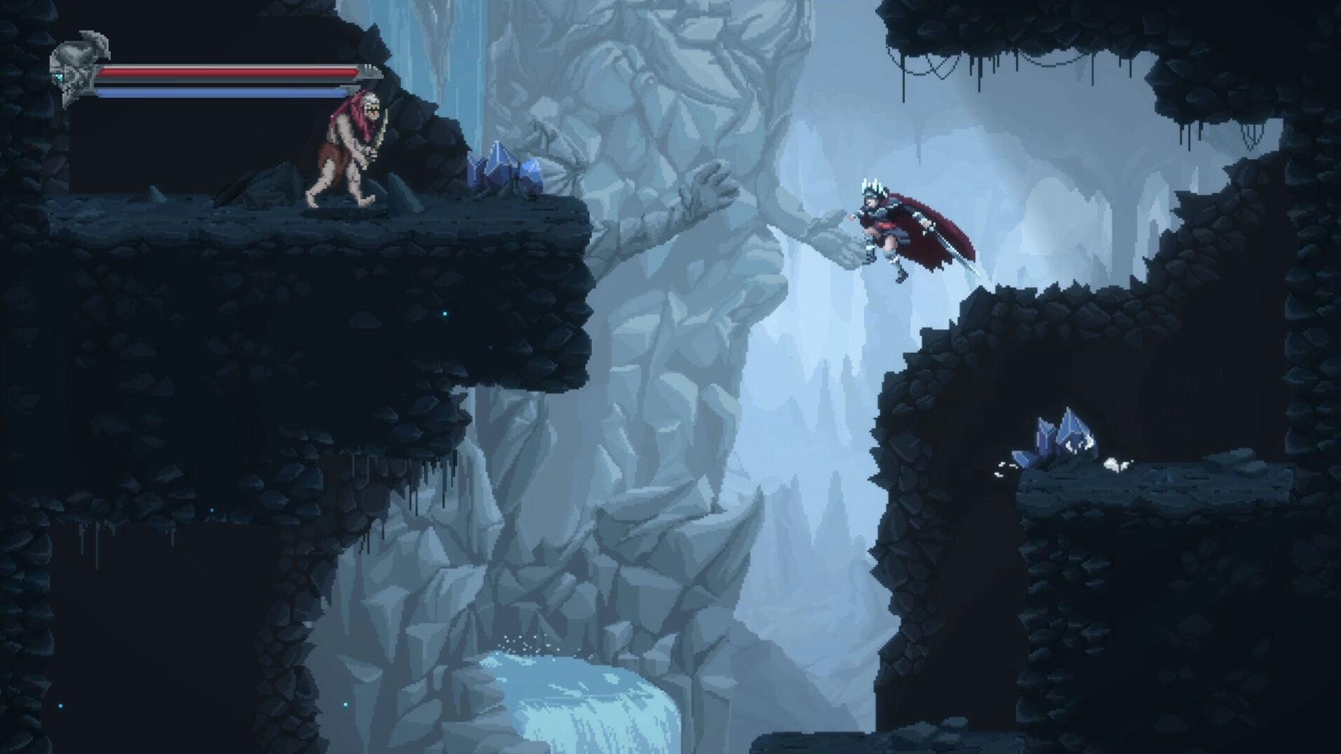 Eden's Guardian: Hero leaps between rocky platforms in a shadowy cave with enemy health bar visible