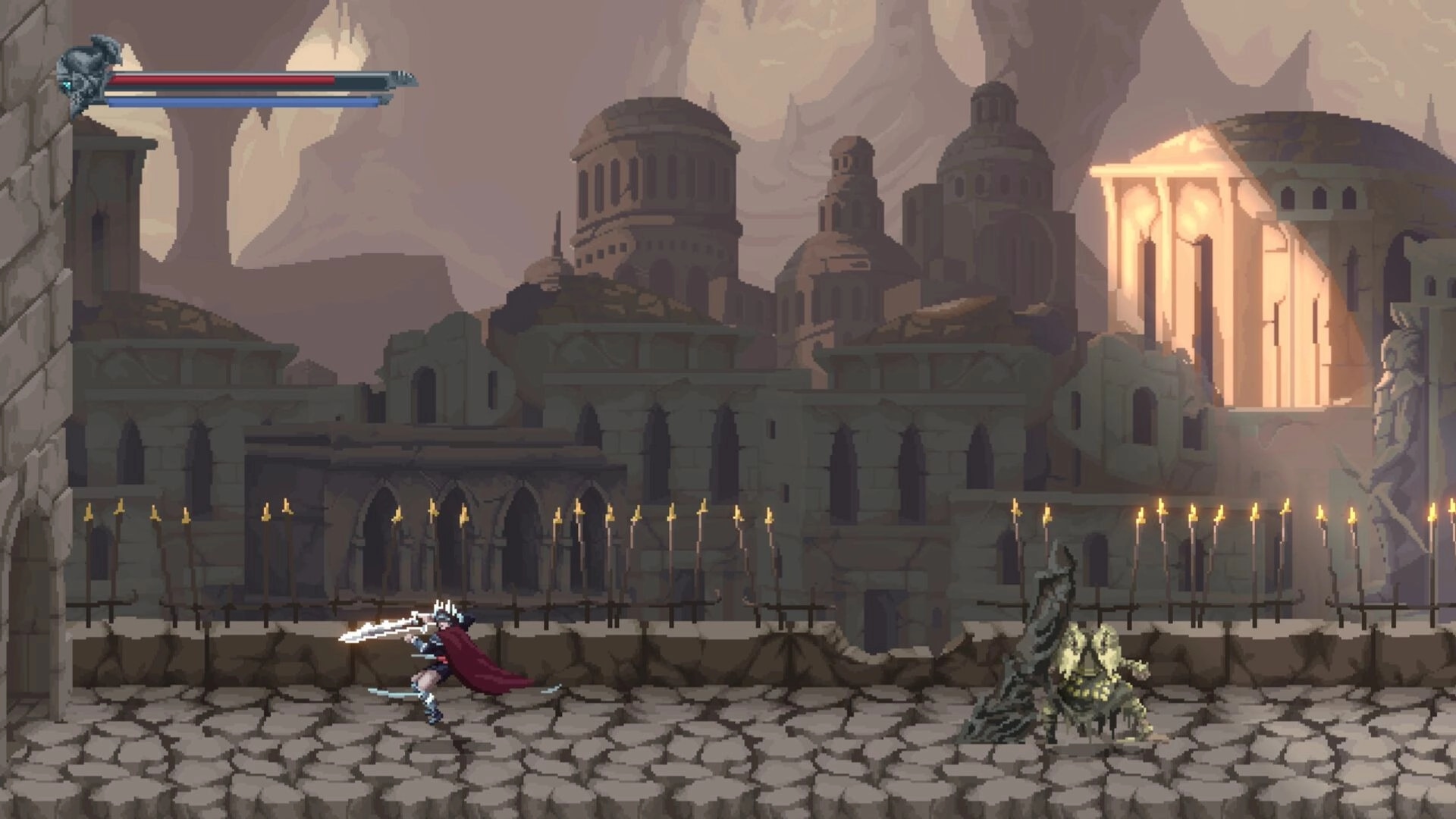 Eden's Guardian: Hero with a sword approaches armored creature on ancient city wall at dusk
