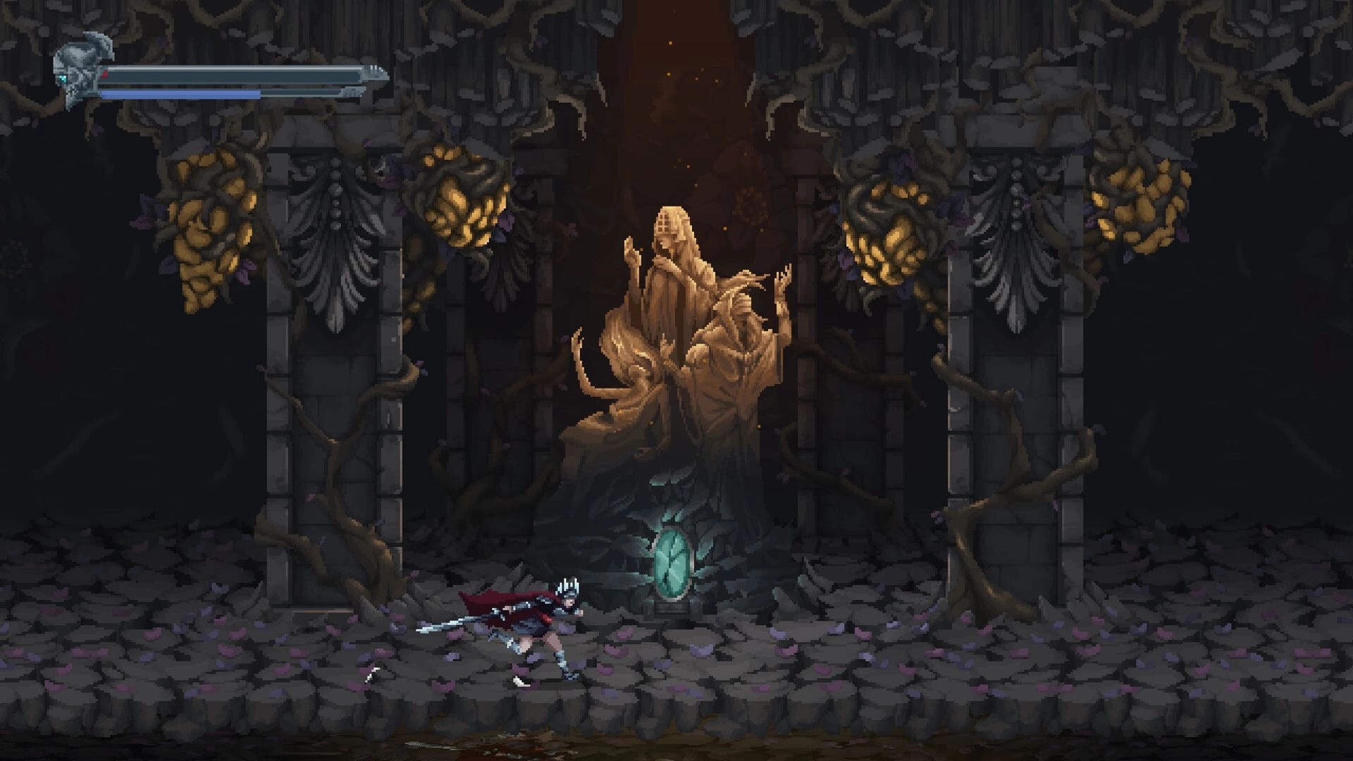 Eden's Guardian: Player character runs through ancient temple with glowing statue and ornate pillars