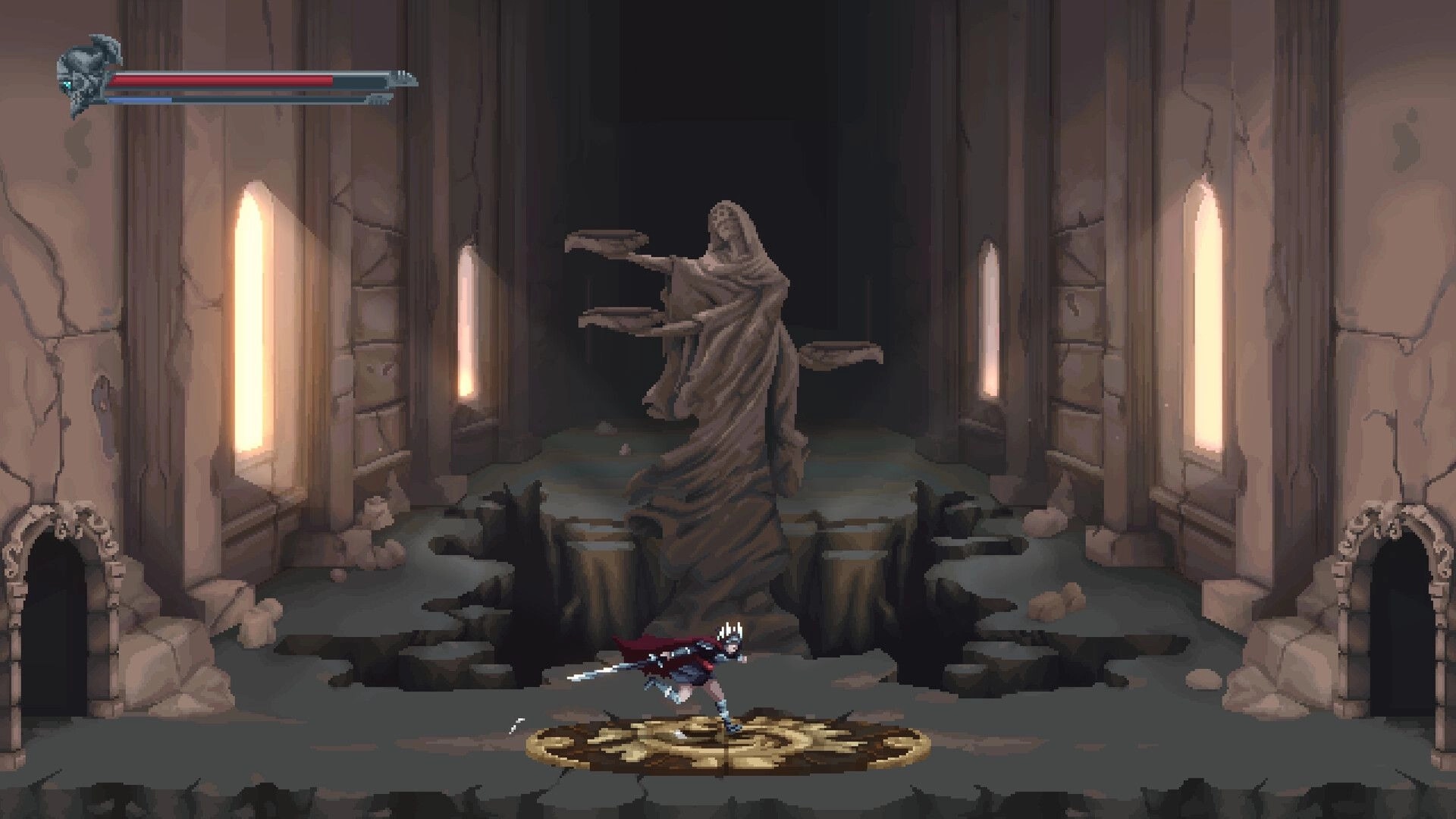 Eden's Guardian: Character running past a large statue in a dimly lit, crumbling stone chamber.