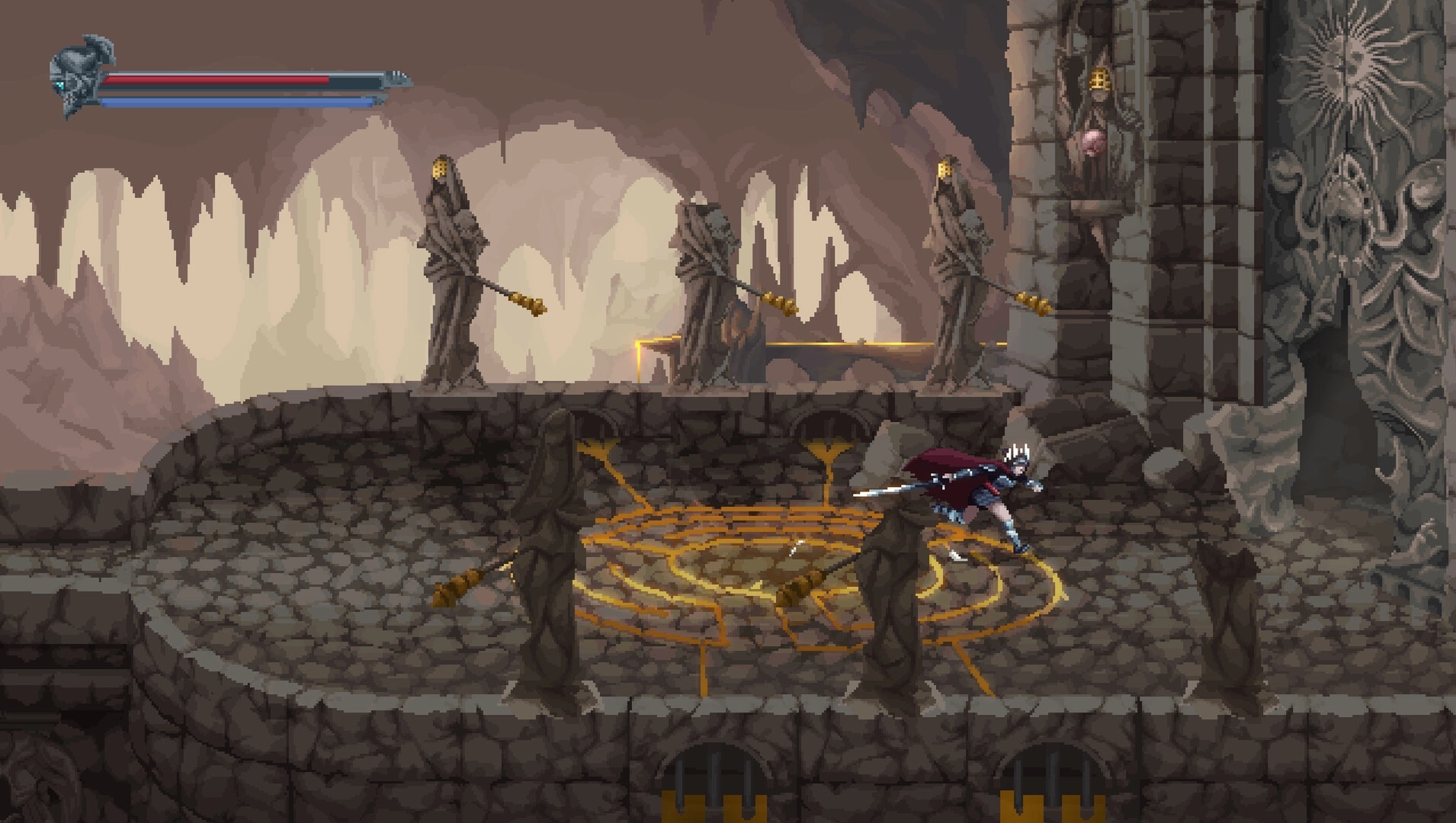 Eden's Guardian: Hero dashes through stone corridor with ancient statues and glowing rune circle