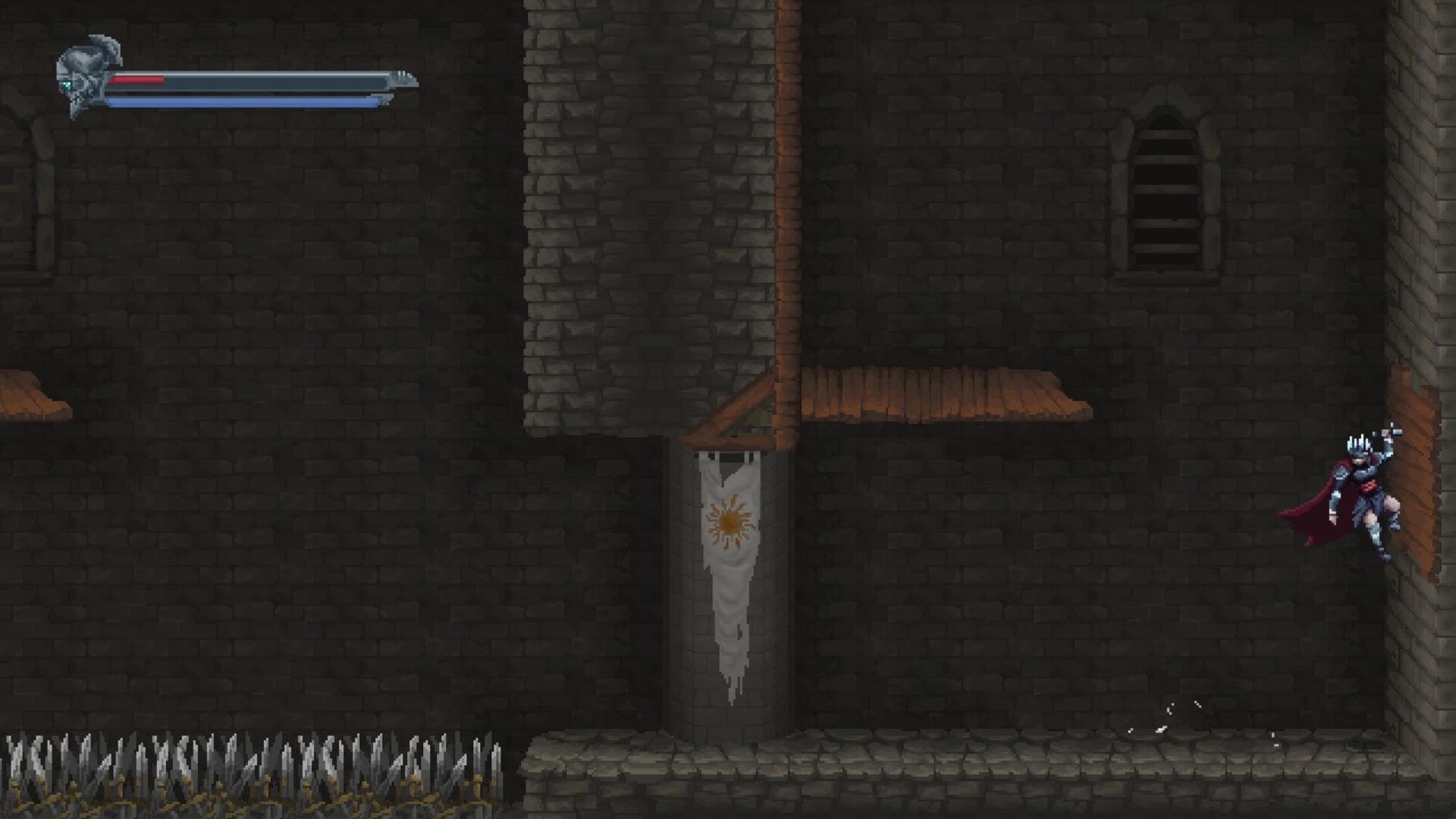 Eden's Guardian: Armored character wall-jumping inside a dark medieval castle with spikes below